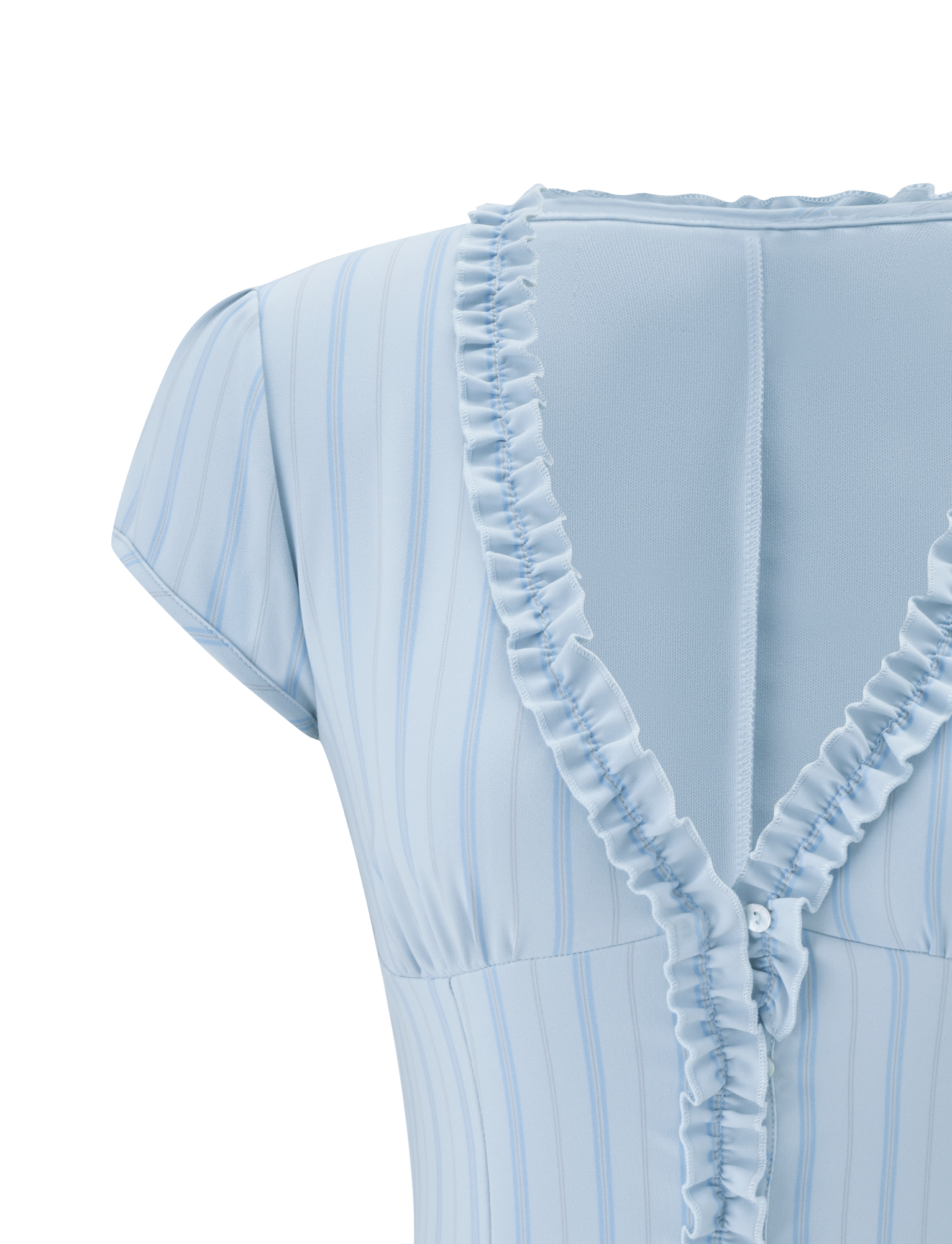 Close-up of the TIGERMIST VALERIE RUFFLE TOP - BLUE STRIPE, featuring cap sleeves, a ruffled V-neckline with front buttons, and soft, slightly stretchy pinstripe fabric.