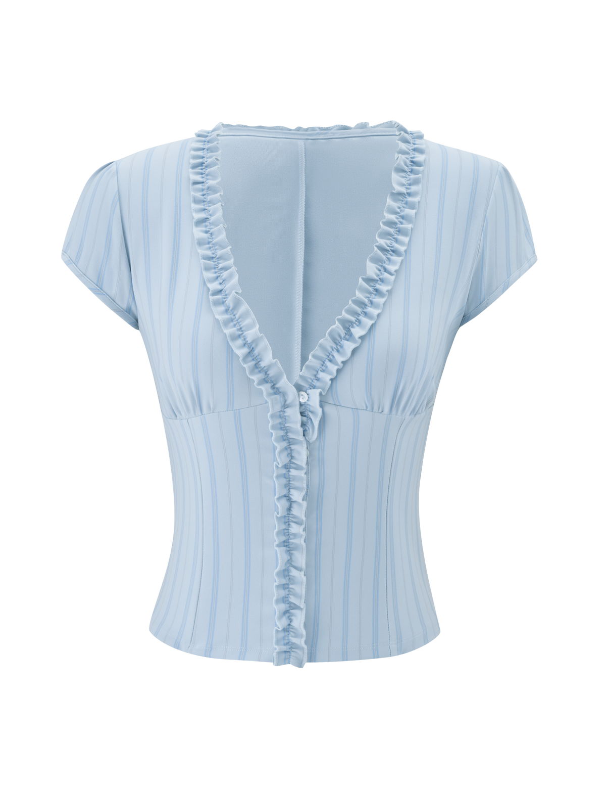 The VALERIE RUFFLE TOP - BLUE STRIPE by TIGERMIST features light blue pinstripes, cap sleeves, a fitted silhouette, and a deep V-neckline with ruffle trim, shown against a plain white background.