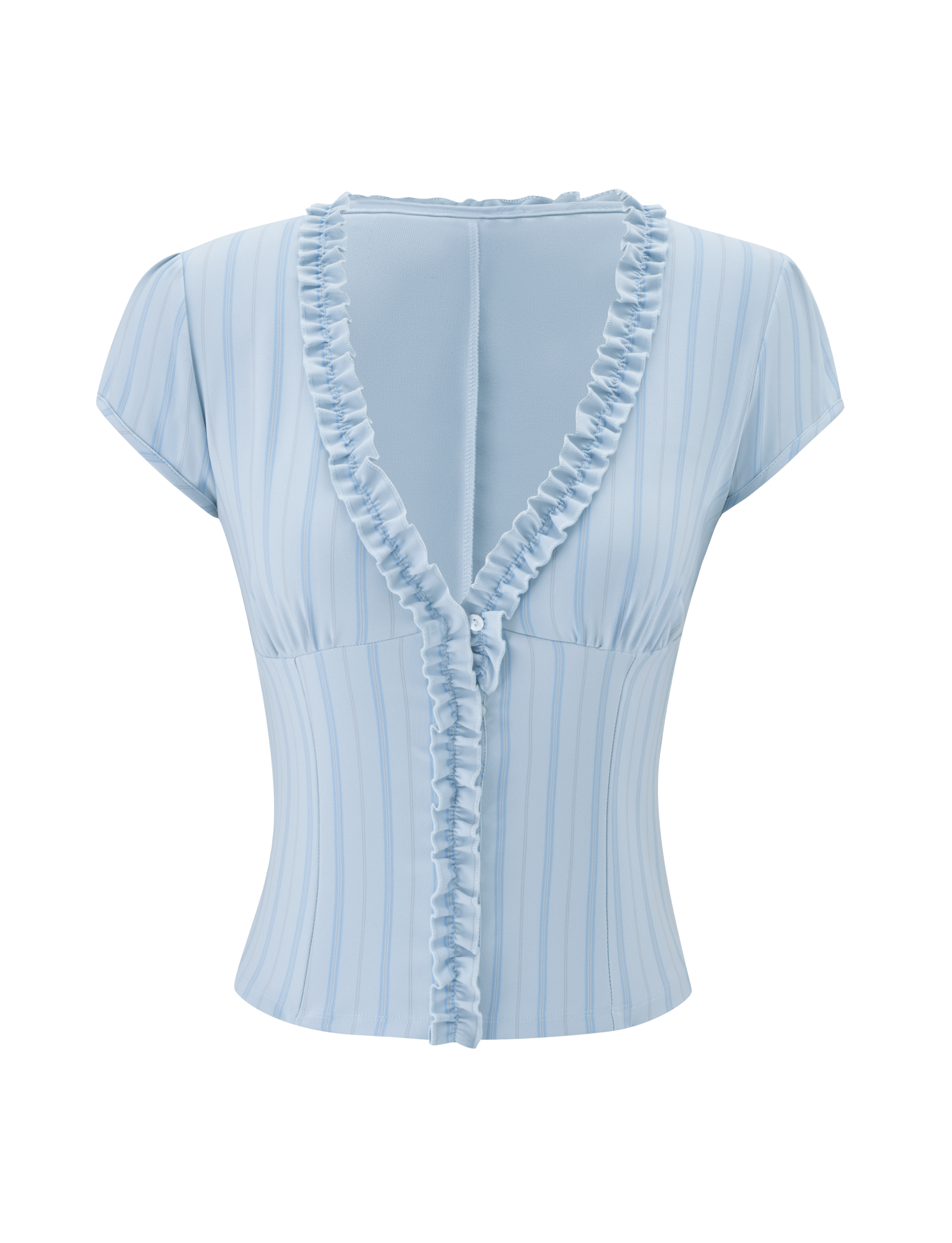 The VALERIE RUFFLE TOP - BLUE STRIPE by TIGERMIST features light blue pinstripes, cap sleeves, a fitted silhouette, and a deep V-neckline with ruffle trim, shown against a plain white background.