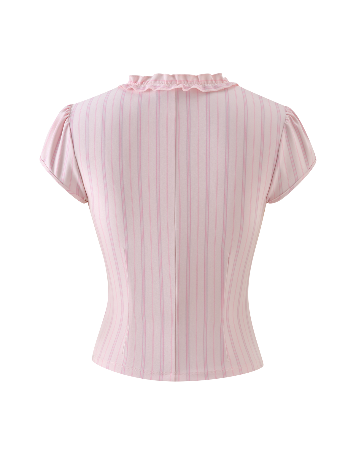 Tiger Mist Valerie Ruffle Top in Pink Stripe, back flatlay