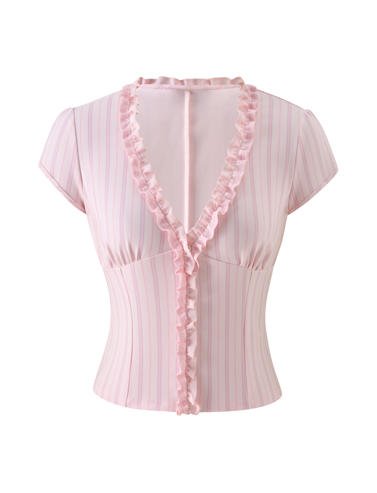 Tiger Mist Valerie Ruffle Top in Pink Stripe, front flatlay