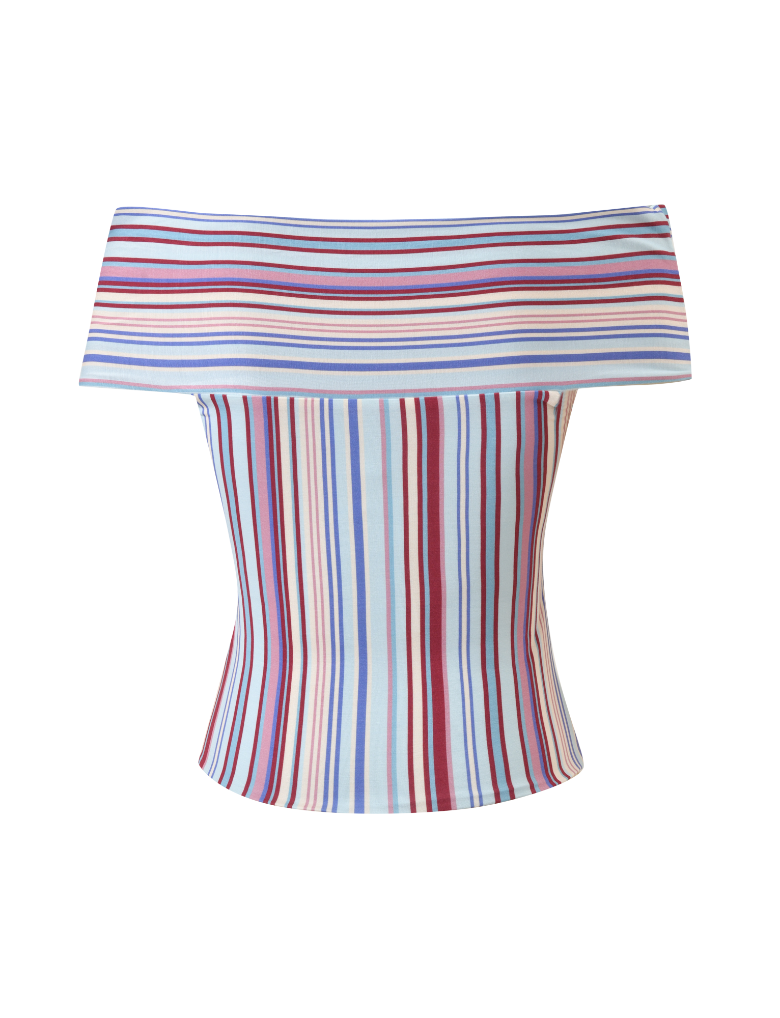 The HAZE TWIST TOP - VARIEGATED STRIPE by TIGERMIST features an off-shoulder design with blue, red, and purple stripes on a white background. It has horizontal stripes on the band, vertical stripes on the body, and pairs well with its matching set.