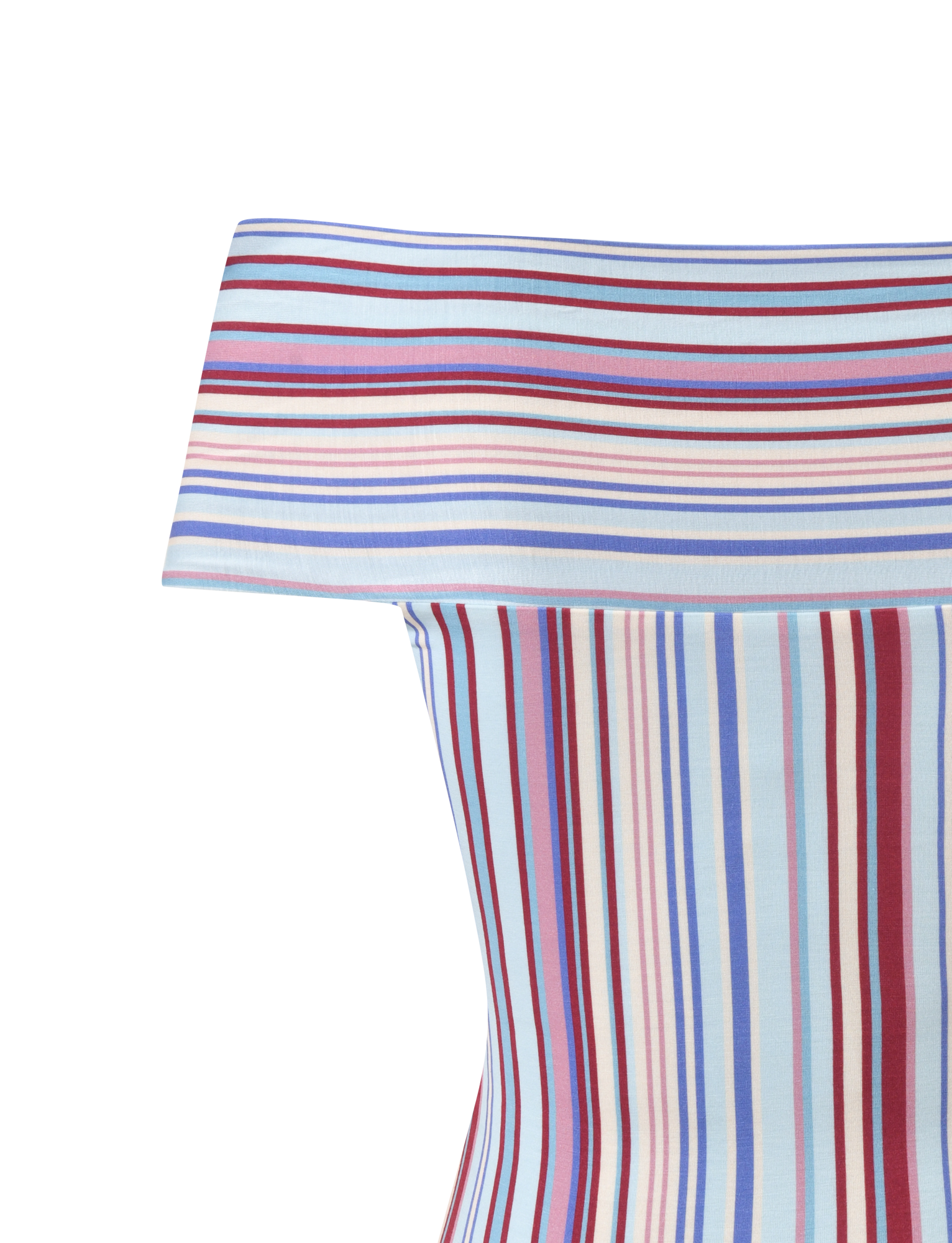 The TIGERMIST HAZE TWIST TOP features variegated blue, red, and white stripes with a fitted, off-the-shoulder twist design and a wide fold-over neckline.