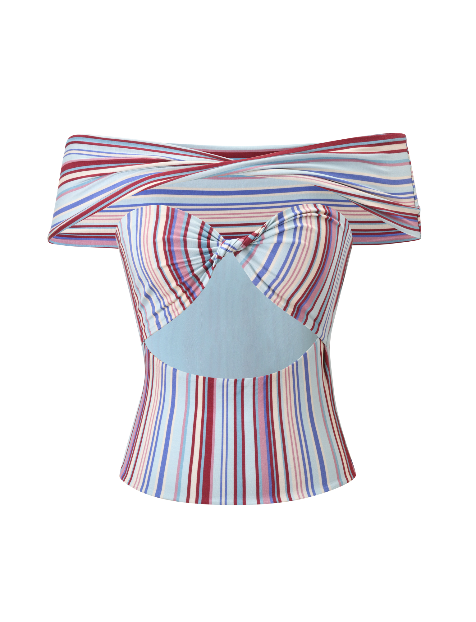 The HAZE TWIST TOP - VARIEGATED STRIPE by TIGERMIST is an off-shoulder fitted top with multicolored vertical and diagonal stripes, a twisted front detail, and a cutout below the bust—ideal for matching sets.