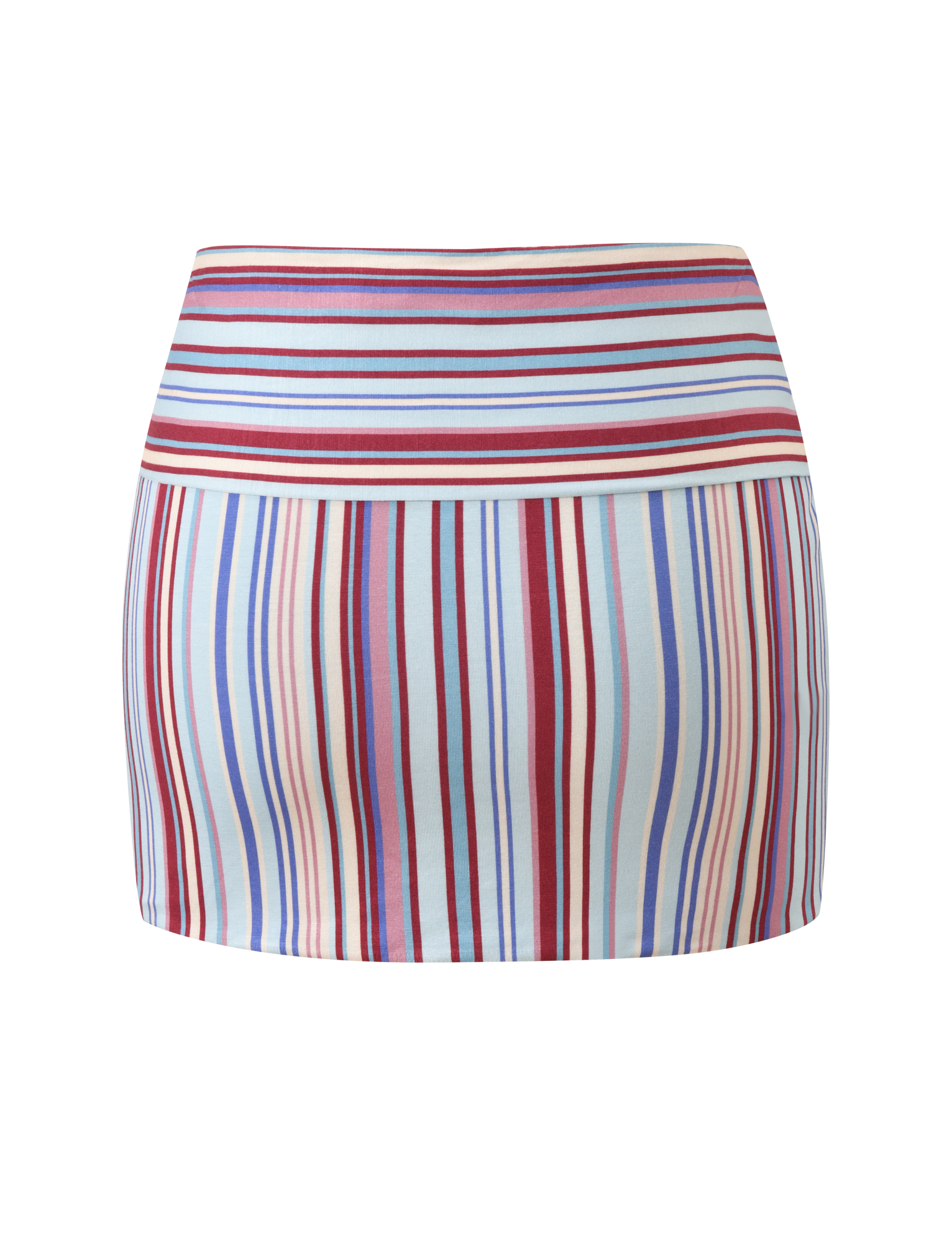 The TIGERMIST HAZE TWIST SKIRT - VARIEGATED STRIPE is a high-waisted, fitted mini skirt with red, blue, white, and beige stripes on a light background for chic standout style.