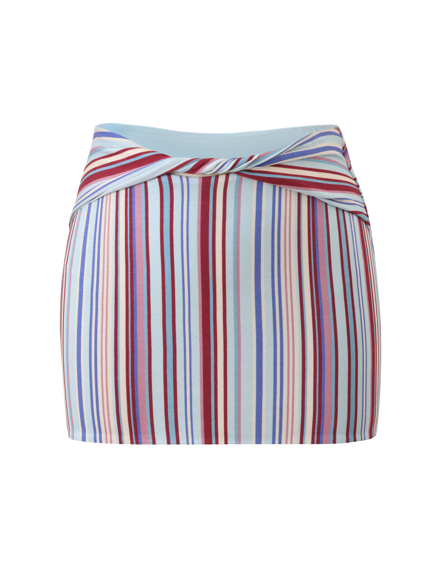 The TIGERMIST HAZE TWIST SKIRT – VARIEGATED STRIPE is a fitted, high-waisted mini skirt with an overlapping waistband and vertical blue, red, pink, and cream stripes on a light blue background.