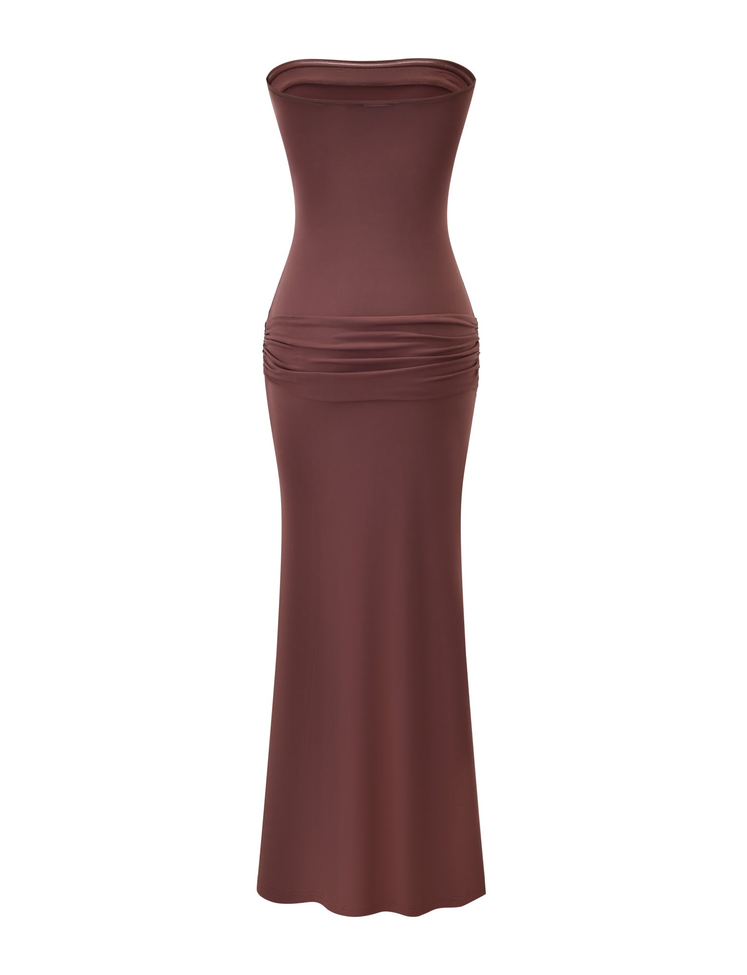 The EOS SEQUIN TUBE MAXI DRESS in Cinnamon Chocolate by TIGERMIST is a strapless, body-hugging column maxi with ruched hip detailing, shown on a plain white background.