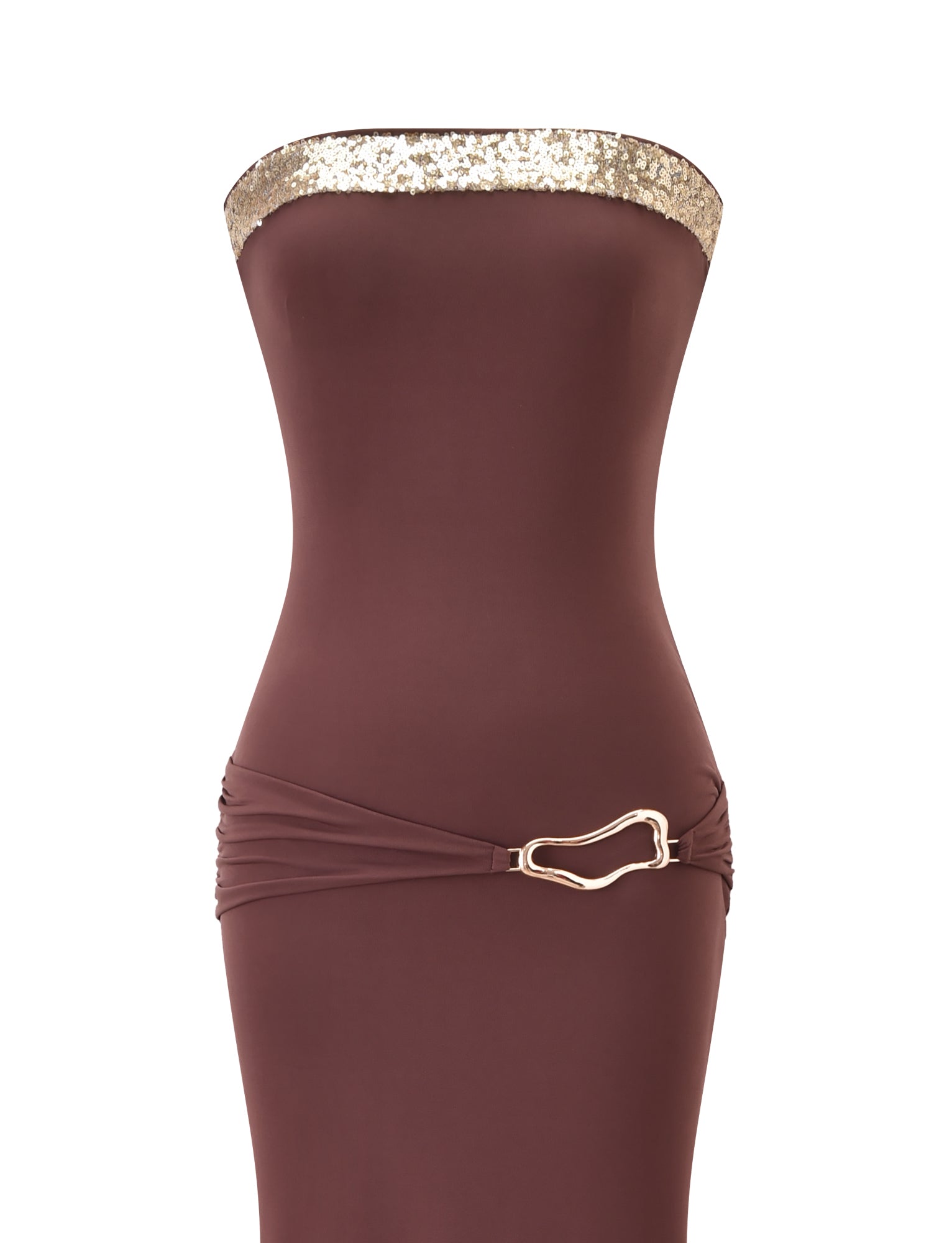The TIGERMIST EOS SEQUIN TUBE MAXI DRESS in Cinnamon Chocolate is a strapless brown column maxi with gold sequin trim, a gathered waist with a gold buckle, and an elegant, body-hugging silhouette.