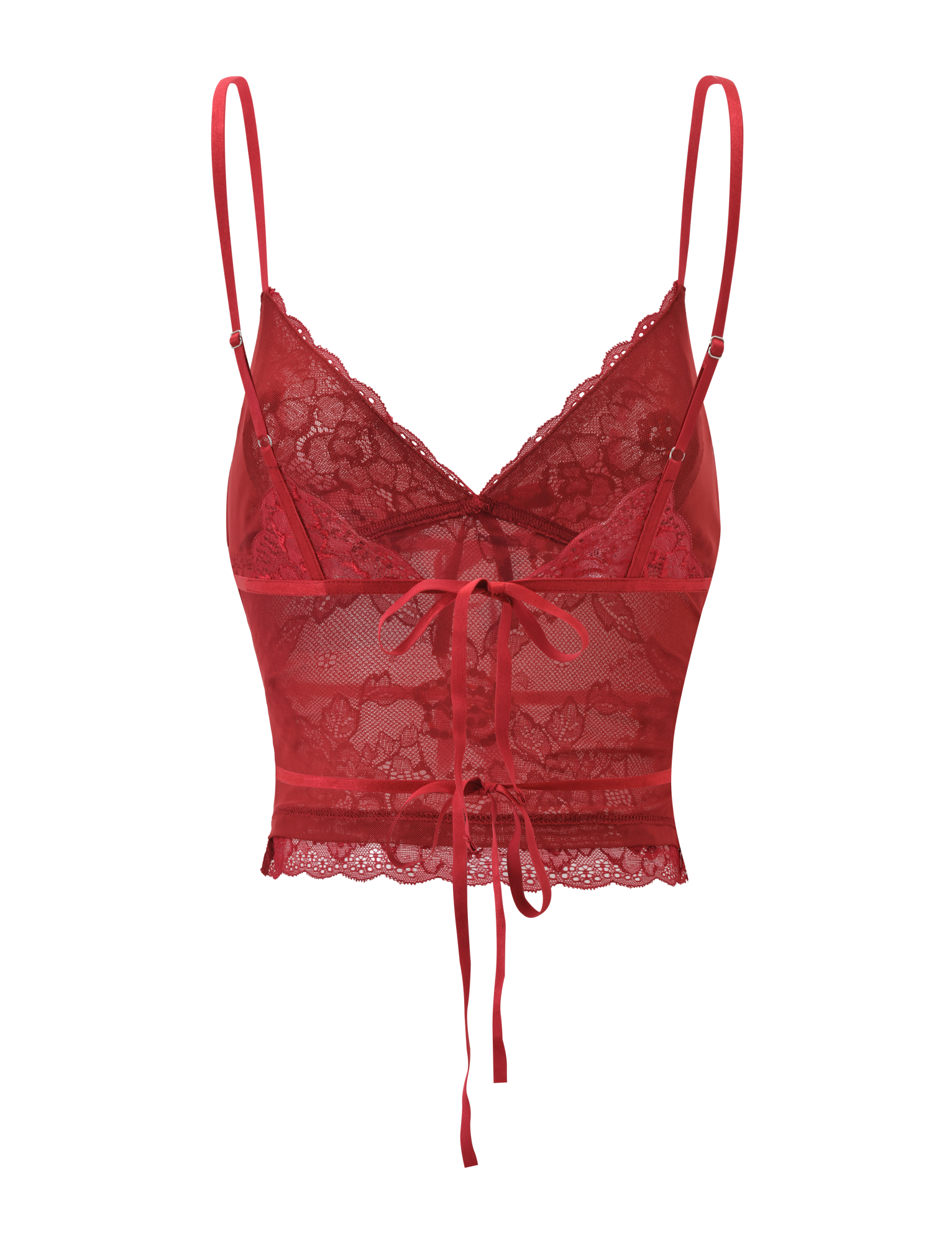 The KIRRA BEADED SEQUIN LACE TOP - RED by TIGERMIST features a red lace design with thin adjustable straps, a scalloped V-neckline, intricate beaded sequin details, and a decorative satin ribbon at the front.