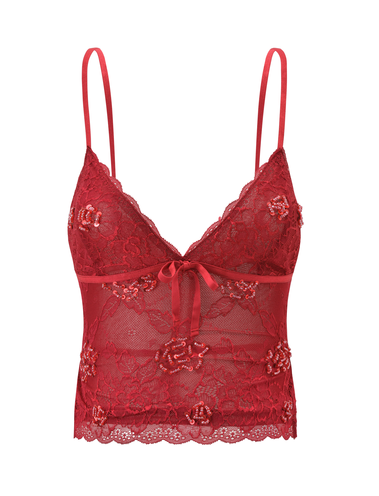 The KIRRA BEADED SEQUIN LACE TOP by TIGERMIST is a red, semi-sheer lace top with thin straps, floral patterns, scalloped hem, center bow, and delicate sequin detailing for a feminine and elegant look.