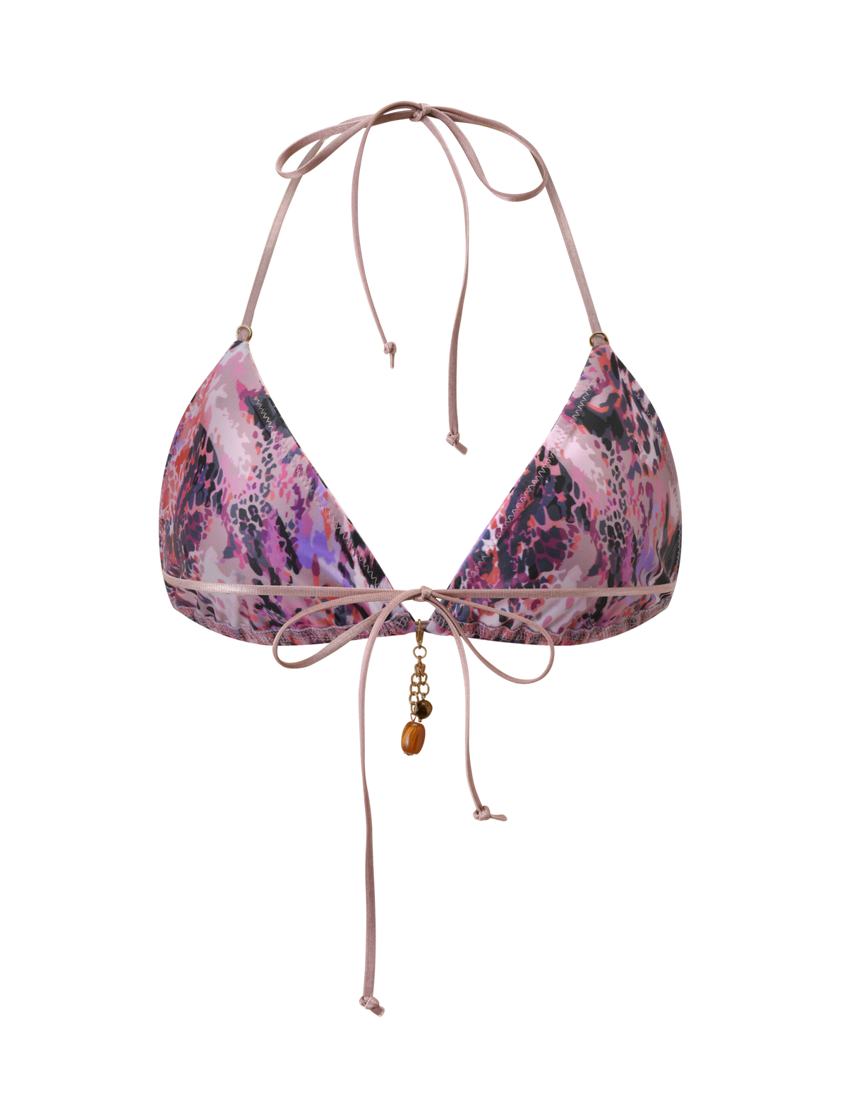 The FINLEA BIKINI TOP 2.0 - PURPLE ANIMAL SWIRL by TIGERMIST is a triangle bikini top with adjustable ties, showcasing a pink, purple, and black animal print and gold and shell charms at the front center.