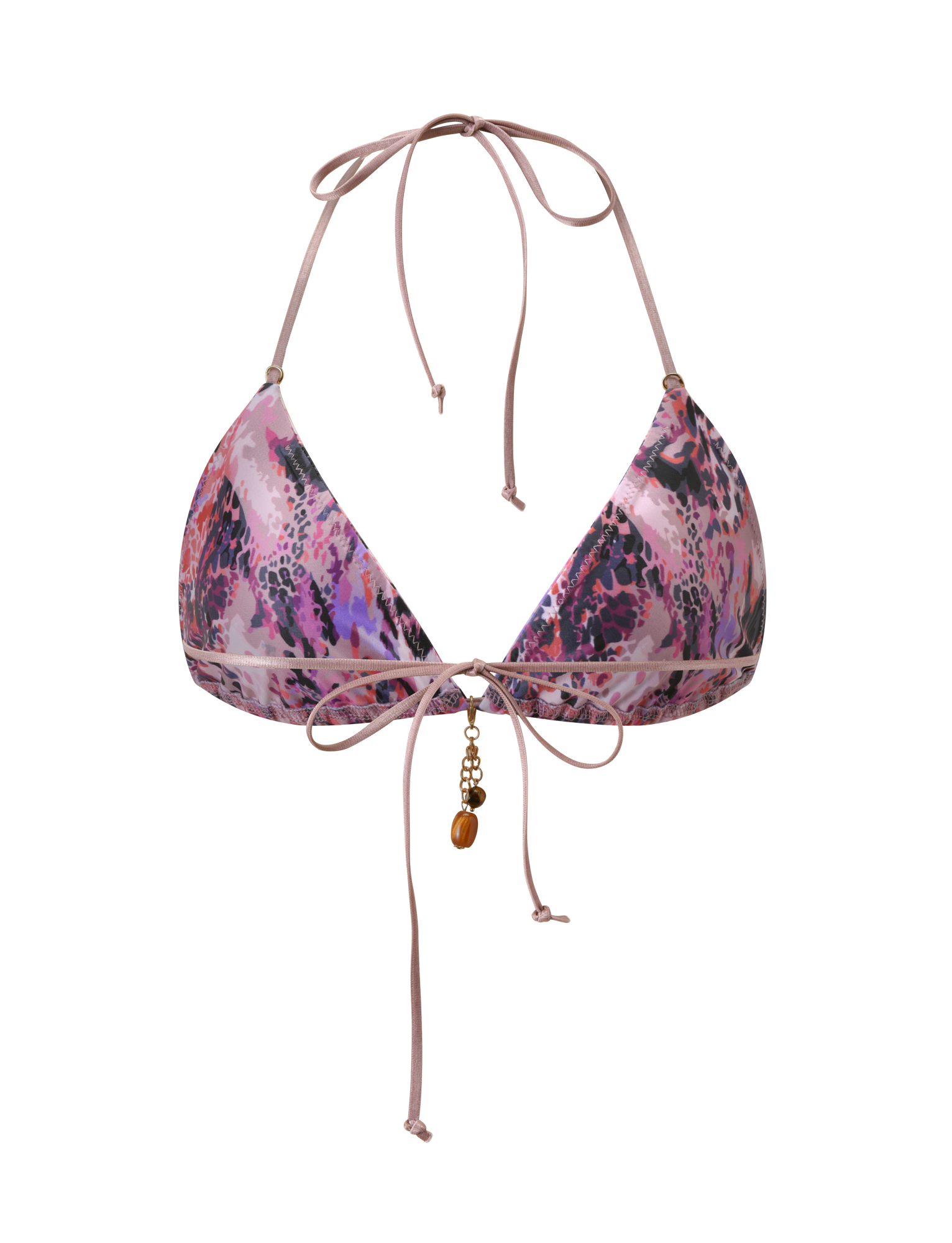 The FINLEA BIKINI TOP 2.0 - PURPLE ANIMAL SWIRL by TIGERMIST is a triangle bikini top with adjustable ties, showcasing a pink, purple, and black animal print and gold and shell charms at the front center.