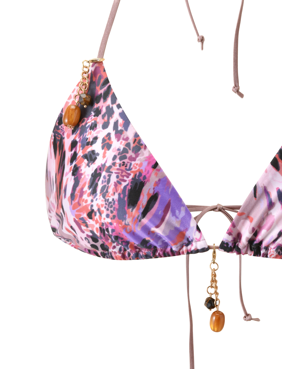 The FINLEA BIKINI TOP 2.0 - PURPLE ANIMAL SWIRL by TIGERMIST features a purple animal print with pink and black details, gold chain accents, brown and black beads near the straps, and adjustable ties for a custom fit.
