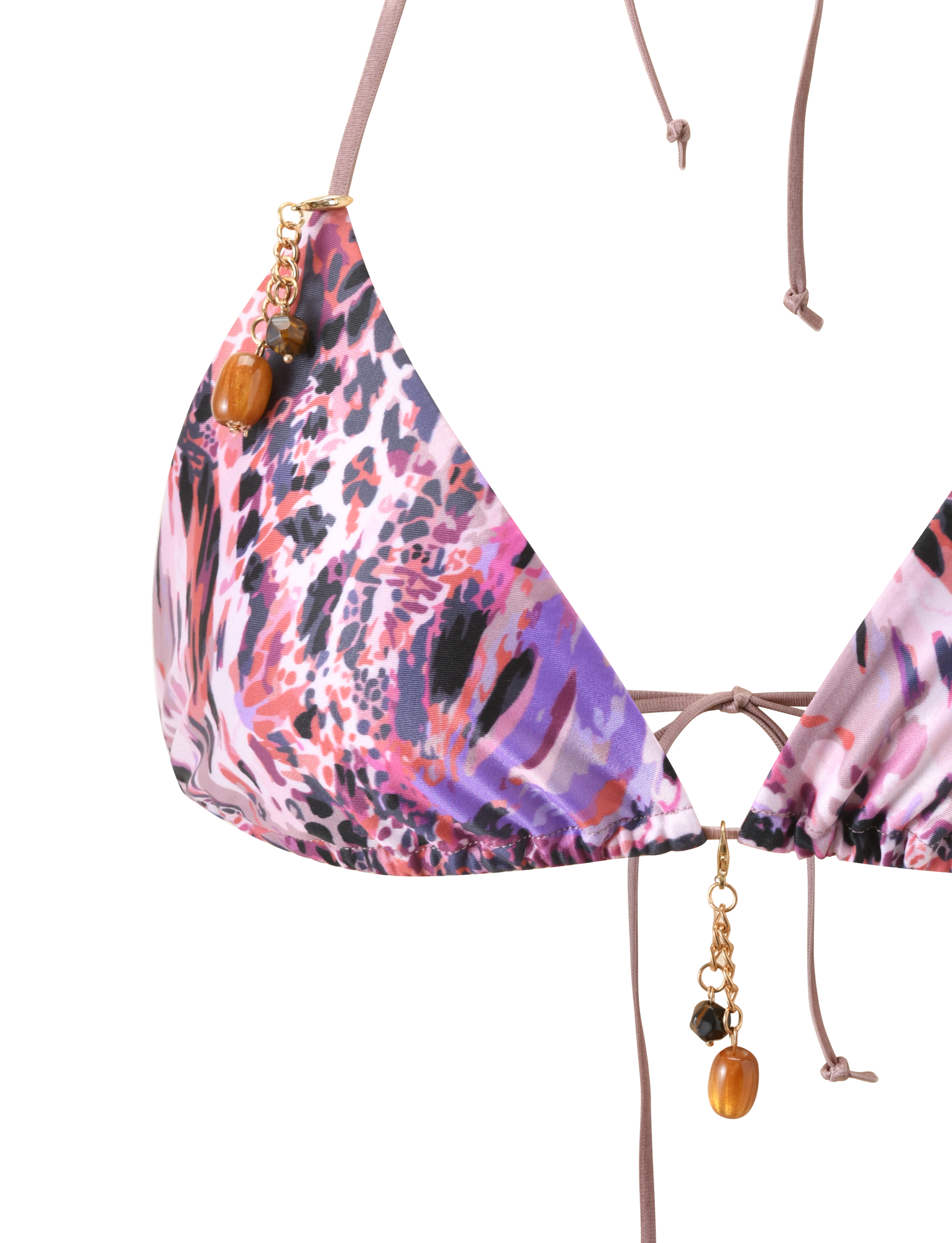 The FINLEA BIKINI TOP 2.0 - PURPLE ANIMAL SWIRL by TIGERMIST features a purple animal print with pink and black details, gold chain accents, brown and black beads near the straps, and adjustable ties for a custom fit.
