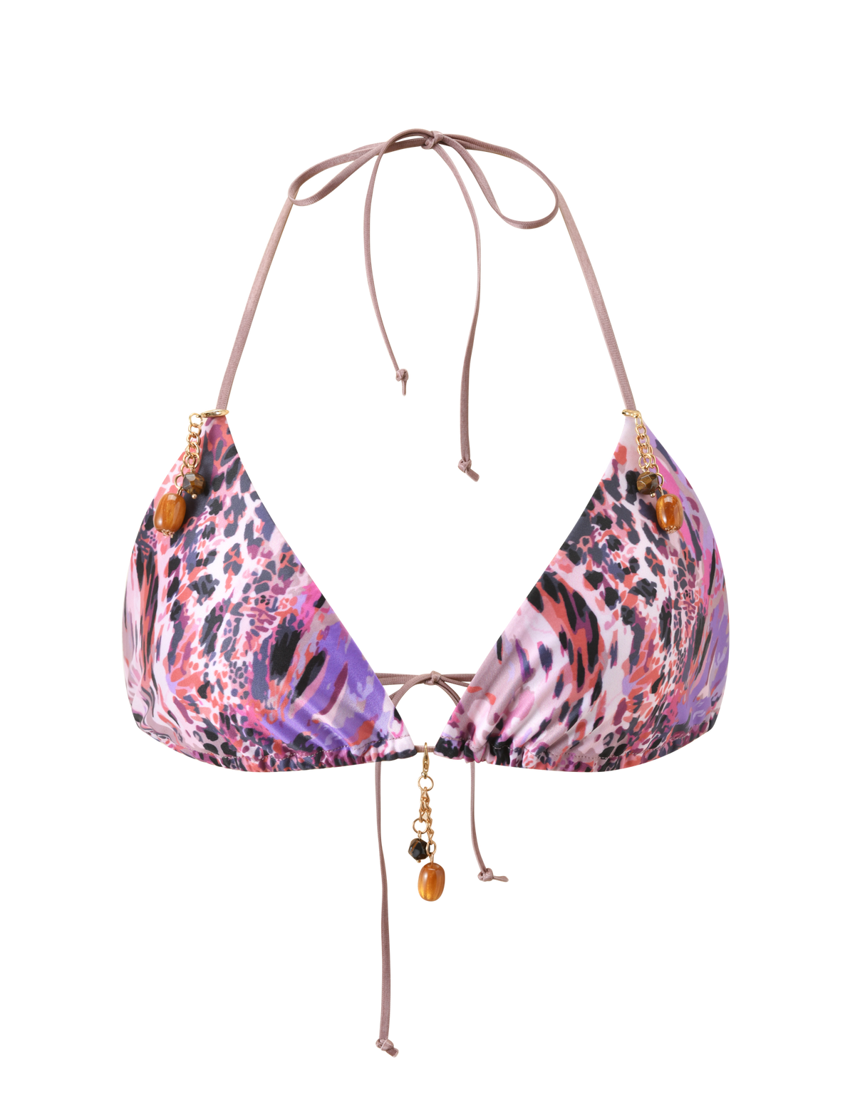 The TIGERMIST FINLEA BIKINI TOP 2.0 - PURPLE ANIMAL SWIRL features a vibrant print in purple, pink, and black, with gold accents and small beads on the center and adjustable straps.