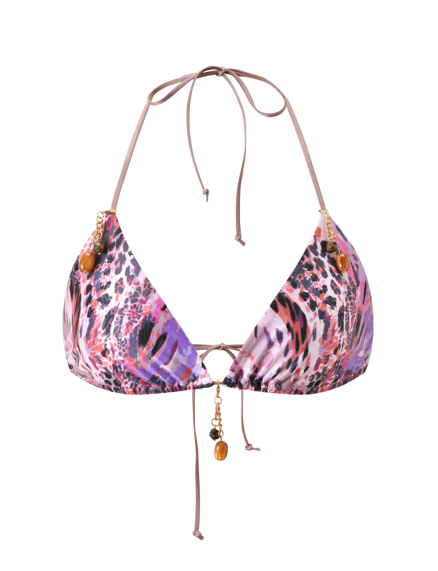 The TIGERMIST FINLEA BIKINI TOP 2.0 - PURPLE ANIMAL SWIRL features a vibrant print in purple, pink, and black, with gold accents and small beads on the center and adjustable straps.