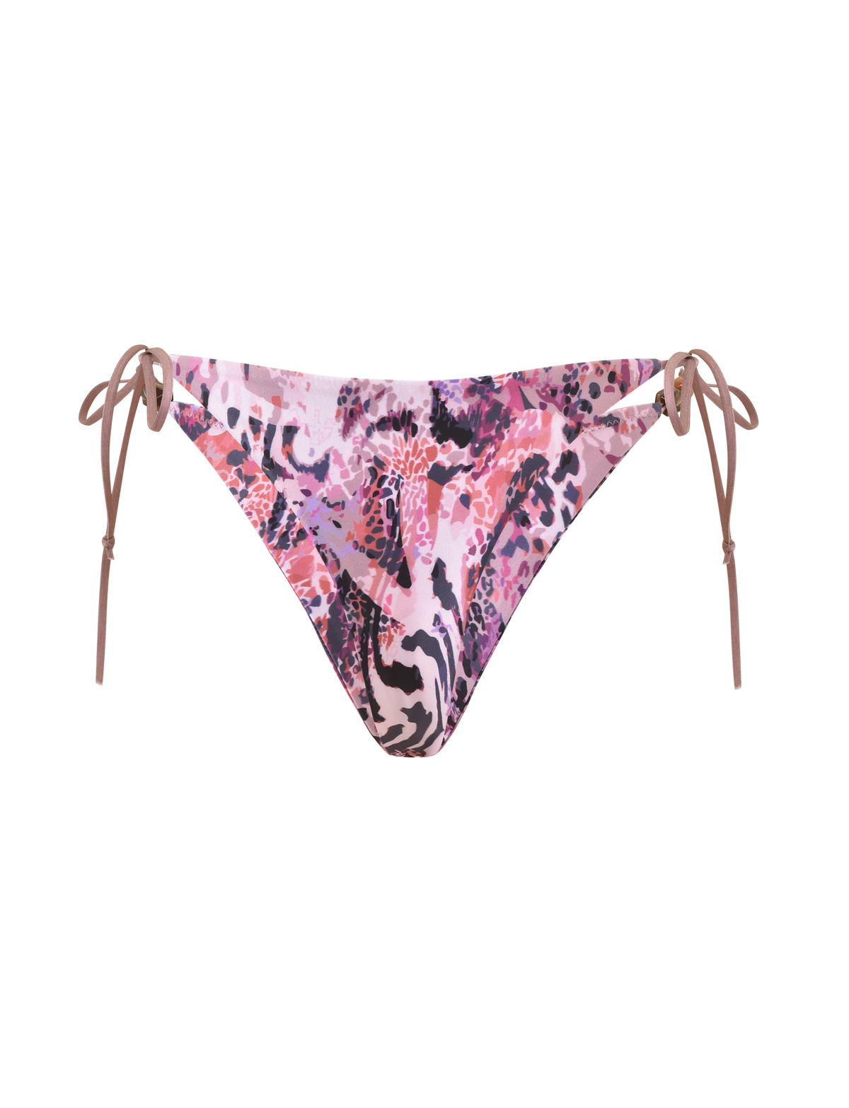 The TIGERMIST FINLEA BIKINI BOTTOM 2.0 in purple animal swirl features a cheeky fit and adjustable brown side ties, shown on a plain white background.