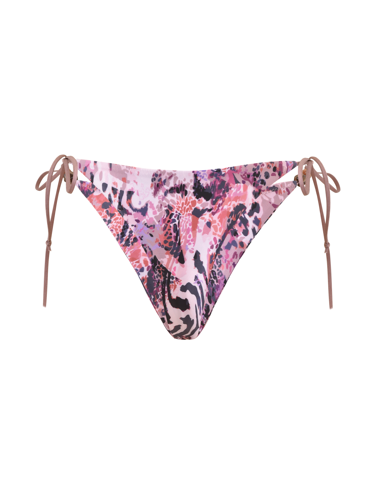 The TIGERMIST FINLEA BIKINI BOTTOM 2.0 in purple animal swirl features a cheeky fit and adjustable brown side ties, shown on a plain white background.
