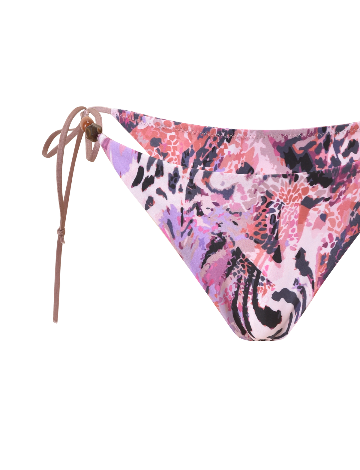 The FINLEA BIKINI BOTTOM 2.0 by TIGERMIST features a purple animal swirl print, cheeky fit, adjustable tie waist with brown bead detail, and a pink, purple, and black pattern on white.