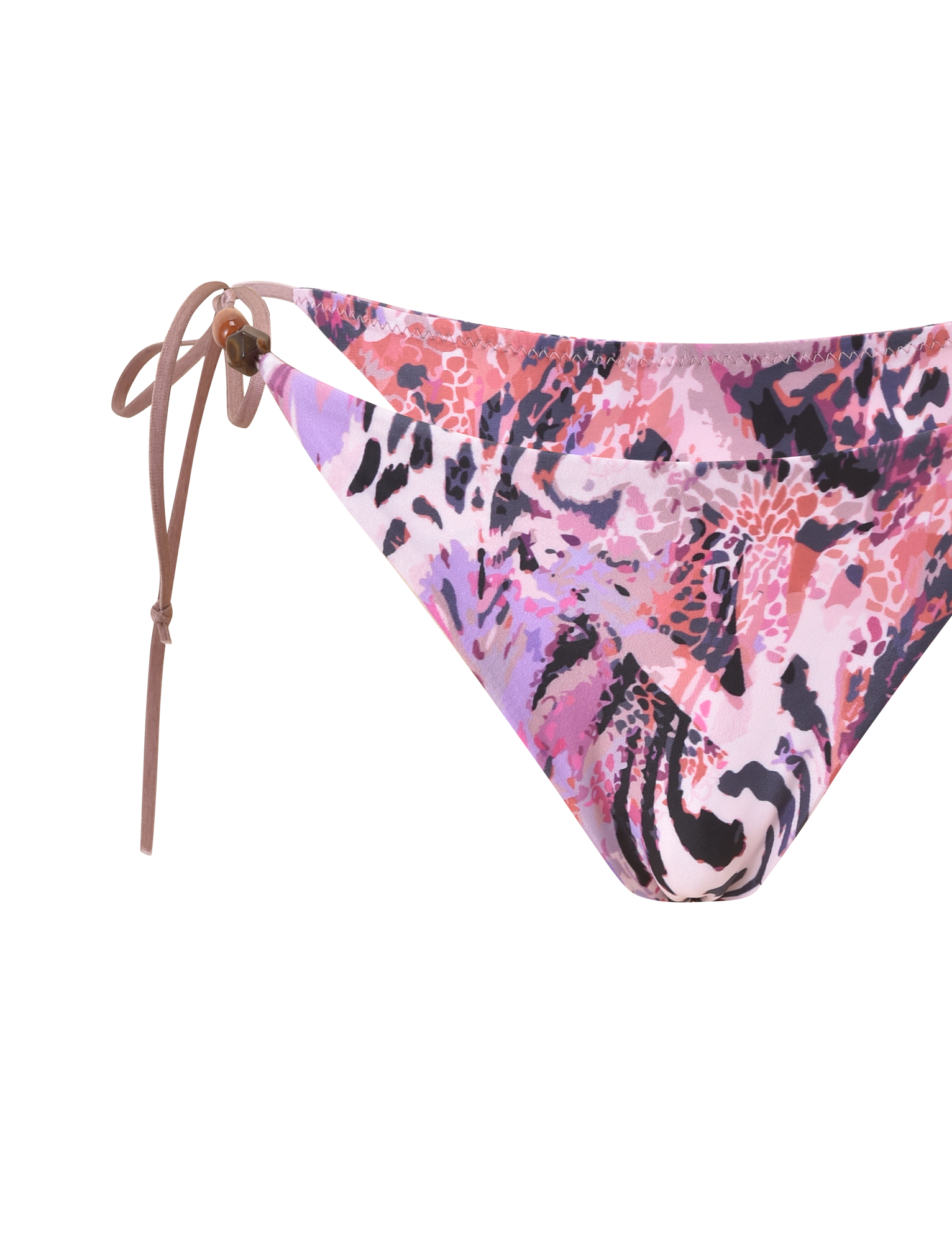 The FINLEA BIKINI BOTTOM 2.0 by TIGERMIST features a purple animal swirl print, cheeky fit, adjustable tie waist with brown bead detail, and a pink, purple, and black pattern on white.