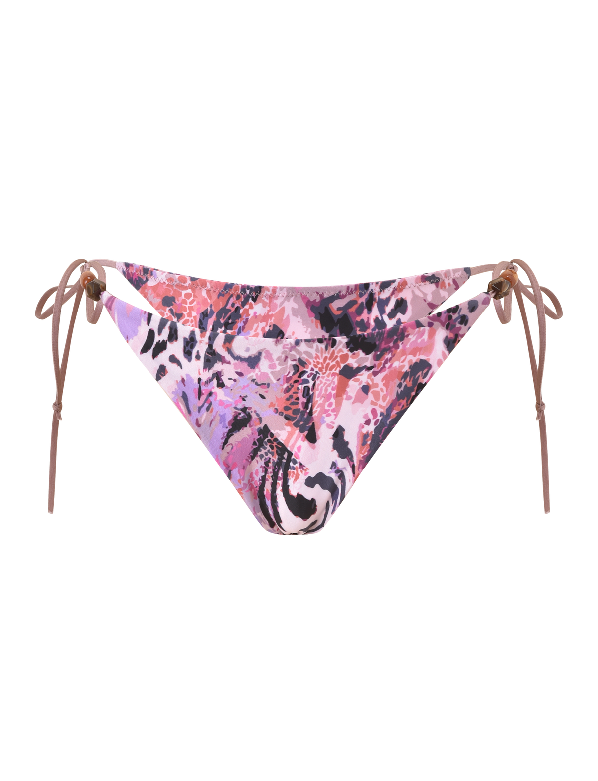 The TIGERMIST FINLEA BIKINI BOTTOM 2.0 in Purple Animal Swirl features a cheeky fit, pink and purple animal print with black accents, and adjustable brown tie sides, displayed on a white background.