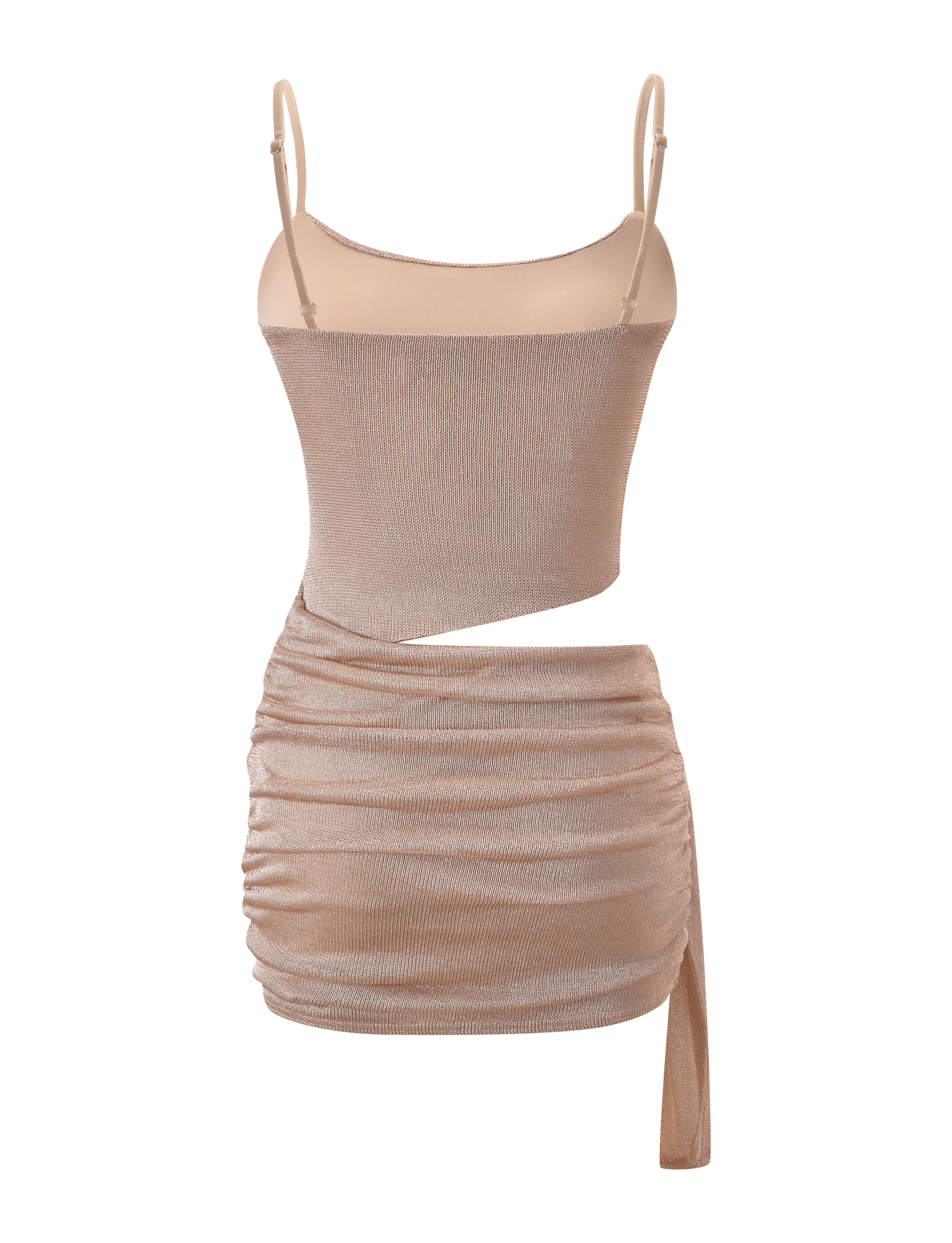 The TIGERMIST AZELMA DRESS 2.0 - GOLD is a beige, sleeveless, one-shoulder mini dress featuring a ruched skirt, an asymmetrical waist cut-out, and a single draped strap detail.