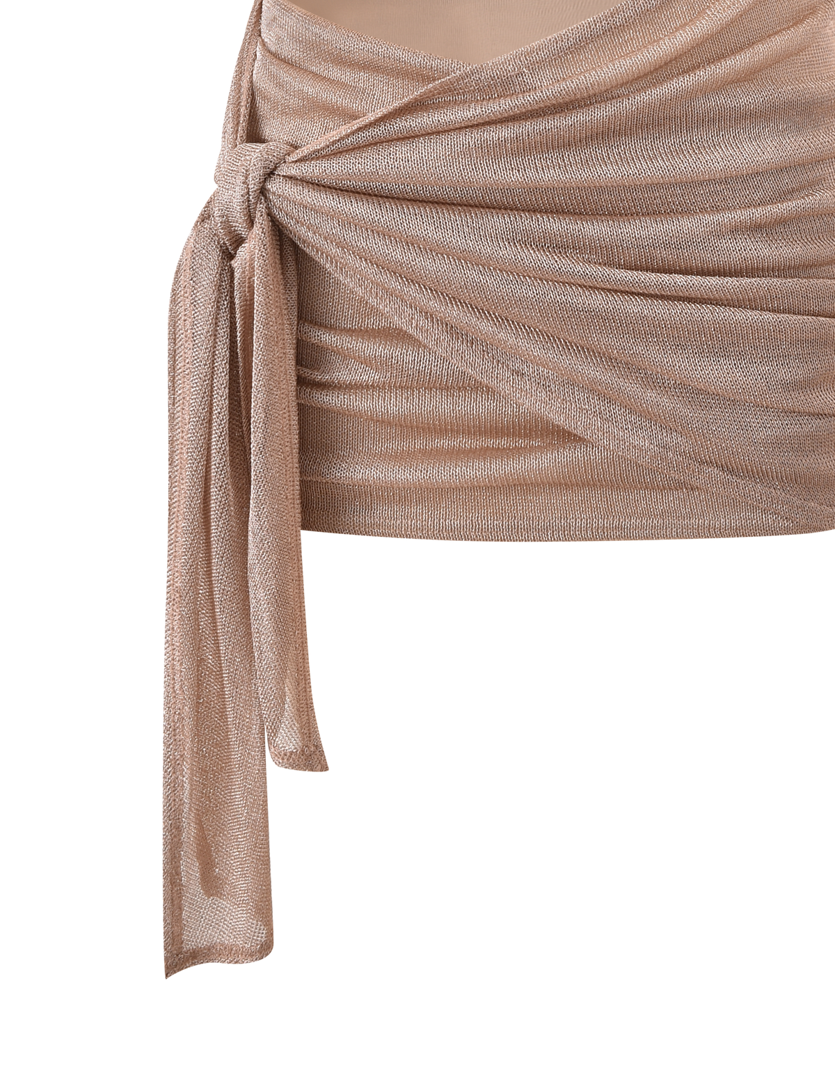 Close-up of the TIGERMIST AZELMA DRESS 2.0 in gold, showcasing its shimmery light beige fabric, soft draped design, cut-out silhouette, and waist knot detail against a plain white background.