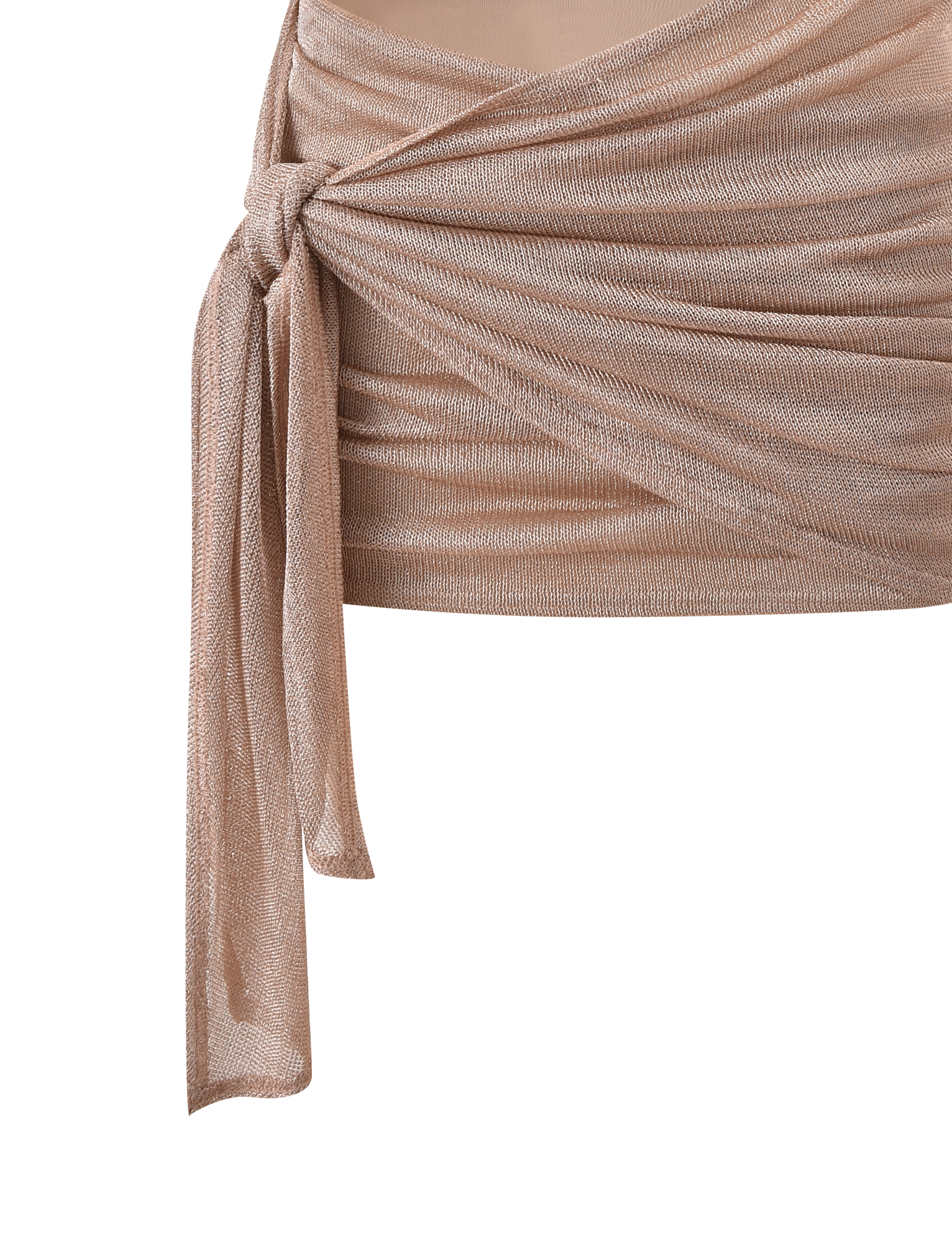 Close-up of the TIGERMIST AZELMA DRESS 2.0 in gold, showcasing its shimmery light beige fabric, soft draped design, cut-out silhouette, and waist knot detail against a plain white background.