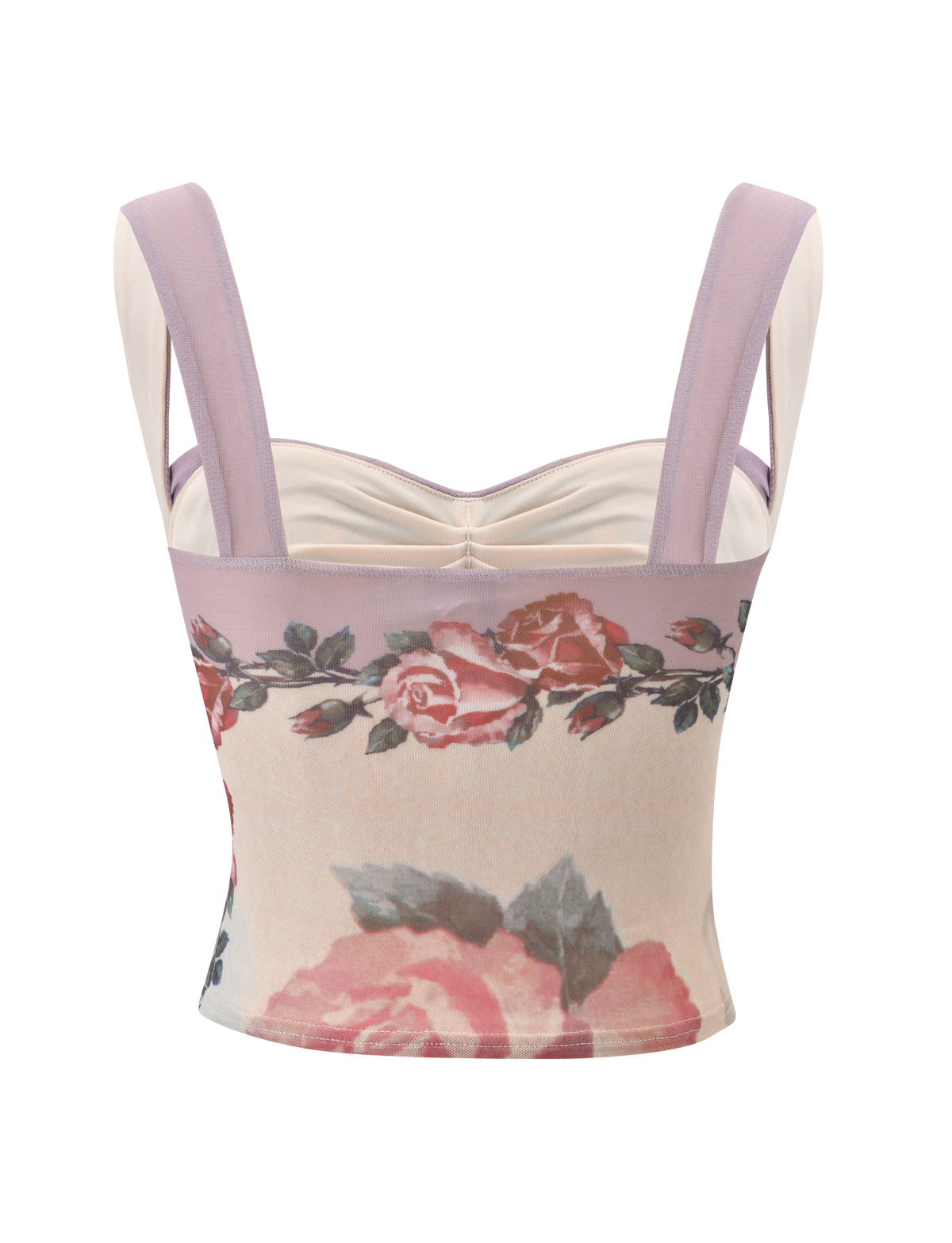 The TIGERMIST RAFFIE PRINTED CORSET - POSTCARD FLORAL is a cropped top with wide lilac mesh straps, light purple trim, and a pink and red rose pattern. Shown from the back against a white background.