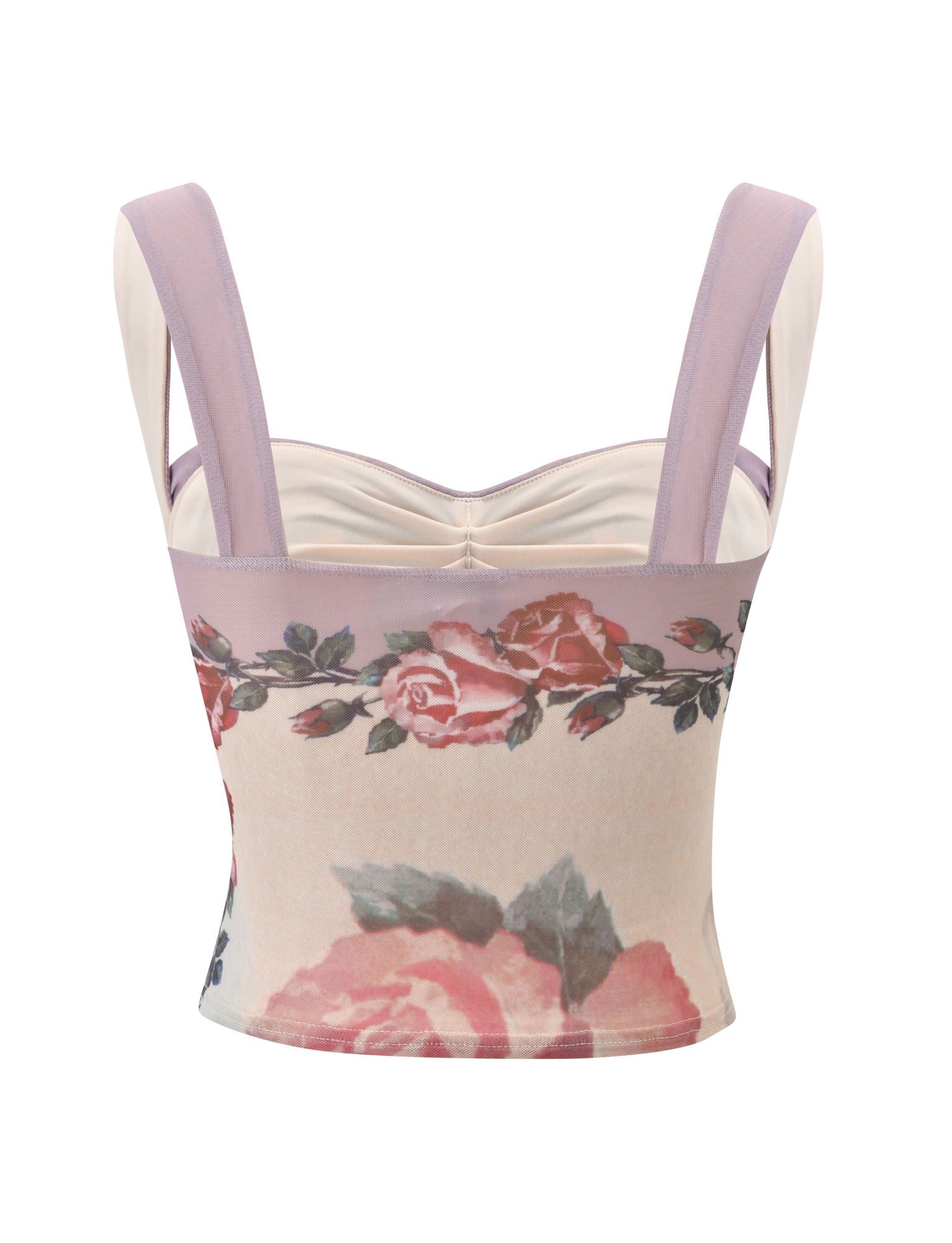 The TIGERMIST RAFFIE PRINTED CORSET - POSTCARD FLORAL is a cropped top with wide lilac mesh straps, light purple trim, and a pink and red rose pattern. Shown from the back against a white background.