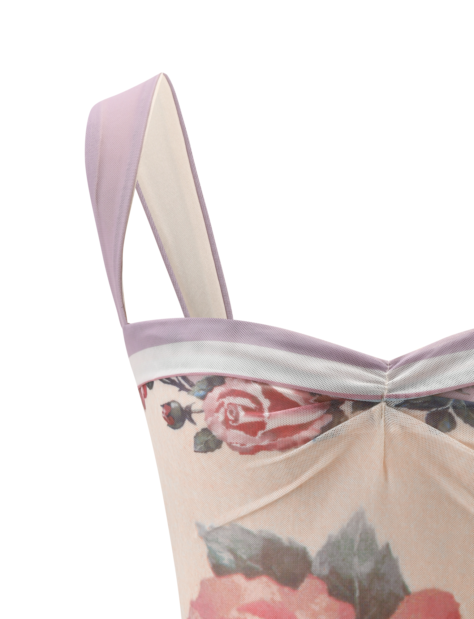 Close-up of the TIGERMIST RAFFIE PRINTED CORSET - POSTCARD FLORAL, a corset top with lavender mesh straps and trim, sweetheart neckline, gathered bust, and a pink and green floral print on a light background.