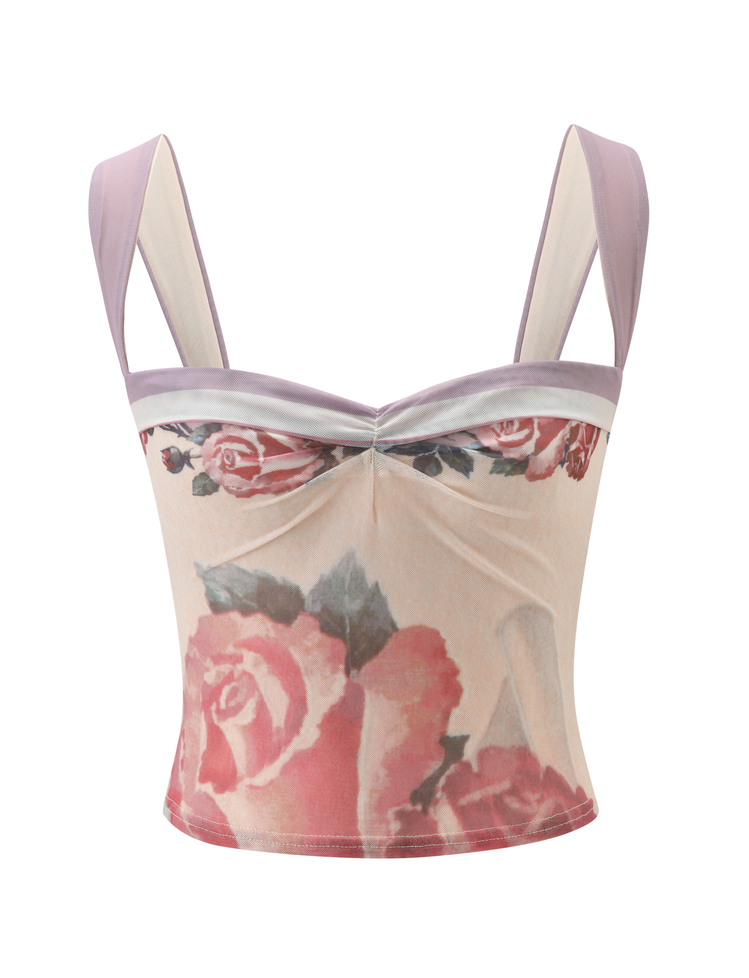 The TIGERMIST RAFFIE PRINTED CORSET - POSTCARD FLORAL is a sleeveless top with wide mesh straps, a sweetheart neckline, and pink and red rose patterns on a light beige background.