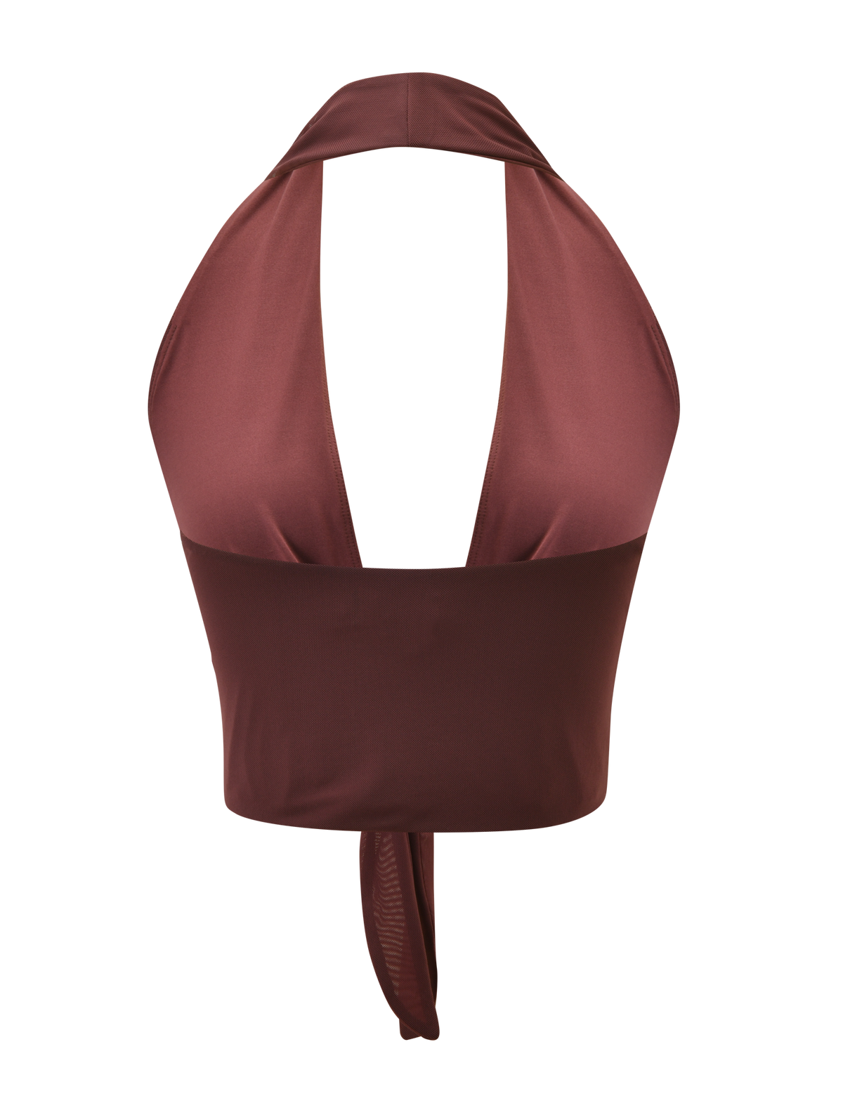 The GEORGIE DIAMANTE TOP - CHOCOLATE by TIGERMIST is a chocolate halter crop top with a deep V neckline, open back, and wide tie straps. It features a smooth finish and an elegant, versatile design suitable for any occasion.