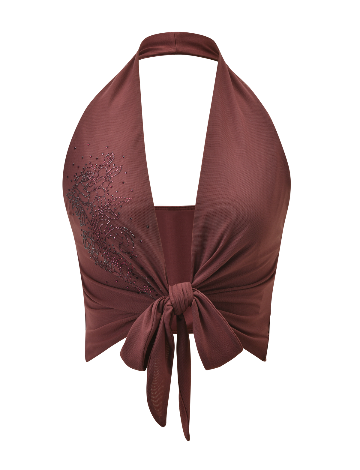 The GEORGIE DIAMANTE TOP by TIGERMIST is a sleeveless chocolate halter neck top featuring a plunging neckline, tie-front closure, and delicate diamante embellishments on the left side.