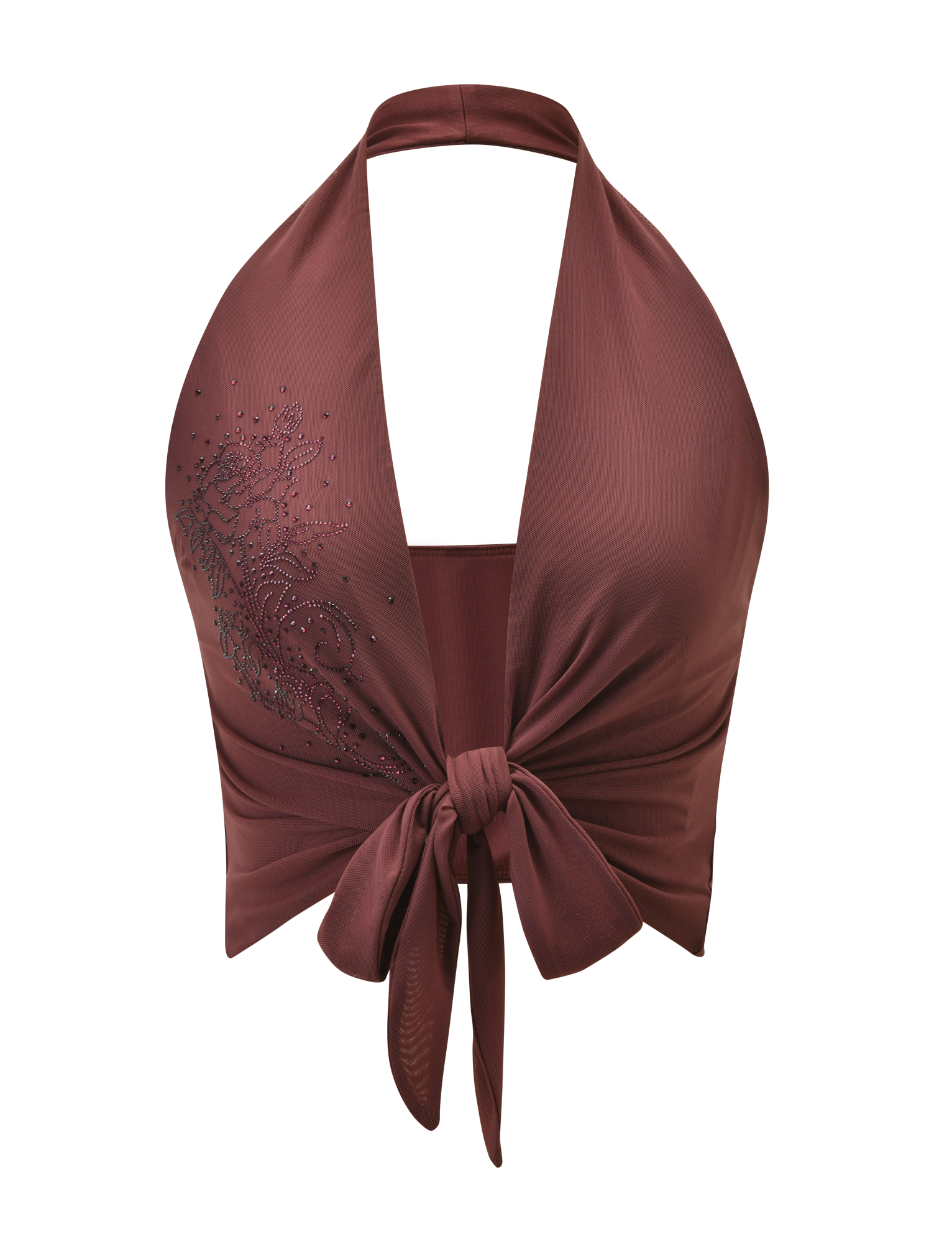 The GEORGIE DIAMANTE TOP by TIGERMIST is a sleeveless chocolate halter neck top featuring a plunging neckline, tie-front closure, and delicate diamante embellishments on the left side.