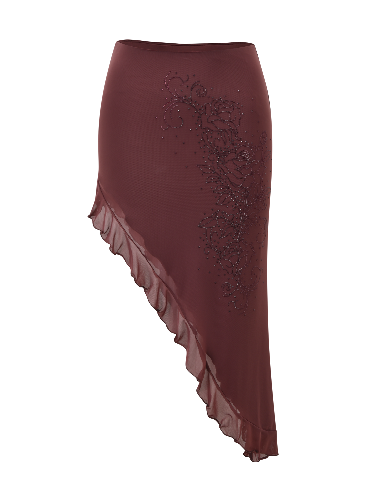 The TIGERMIST GEORGIE DIAMANTE HI LO SKIRT in chocolate features a sheer, lightweight fabric and an asymmetric ruffled hem, adding a chic touch to your look.