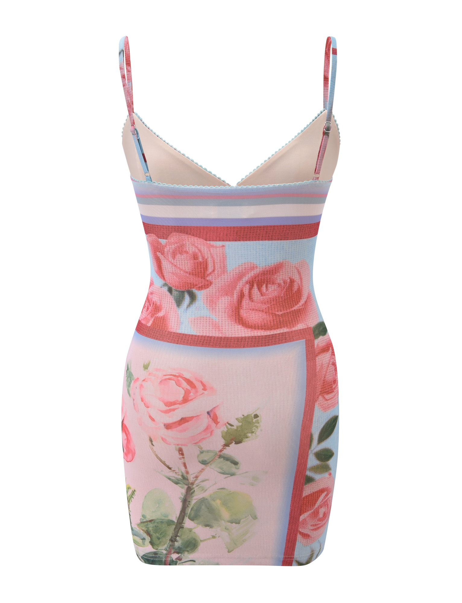The TIGERMIST JULIANNA MINI DRESS - POSTCARD FLORAL is a sleeveless, fitted mini with thin straps, a V-neckline, and a pink-and-blue mesh floral print that exudes soft, feminine charm.