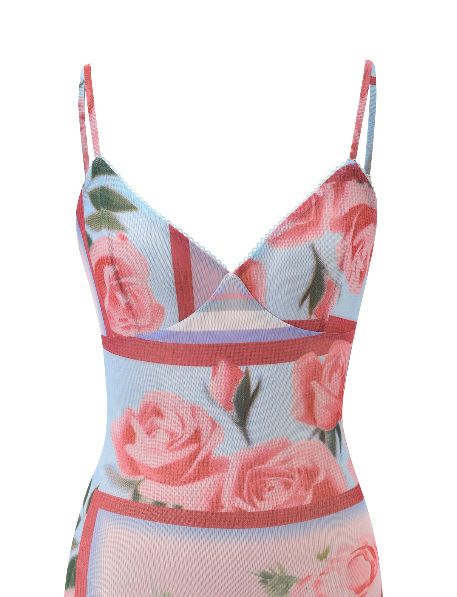 The JULIANNA MINI DRESS - POSTCARD FLORAL by TIGERMIST is a sleeveless mini with thin straps, a V-neckline, and a pink mesh floral pattern over light blue with geometric red and blue lines, inspired by the Julianna Dress.