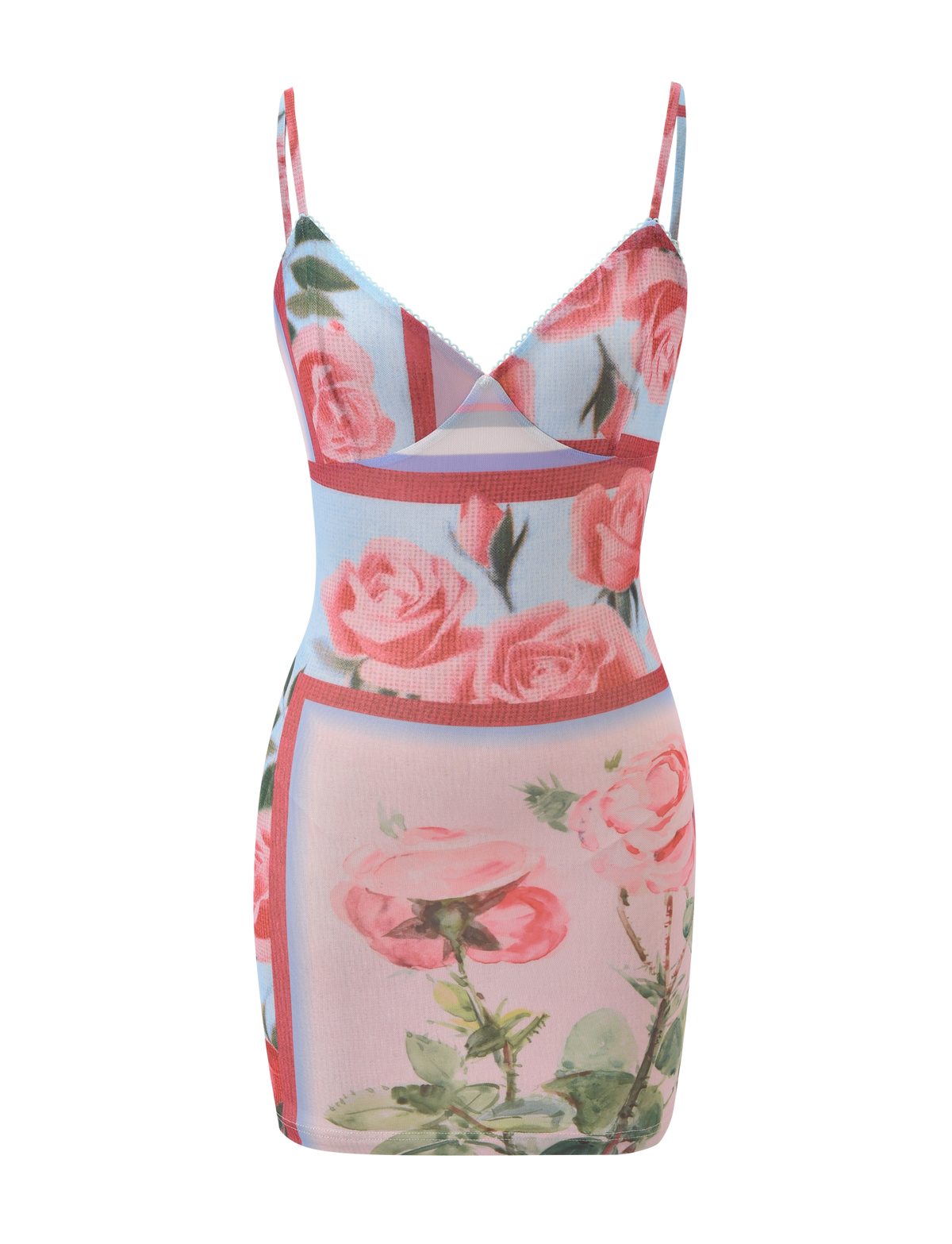 The TIGERMIST JULIANNA MINI DRESS - POSTCARD FLORAL is a sleeveless, fitted mini dress with thin straps, featuring a pink mesh floral print and rectangular color blocks in pink, green, and blue.