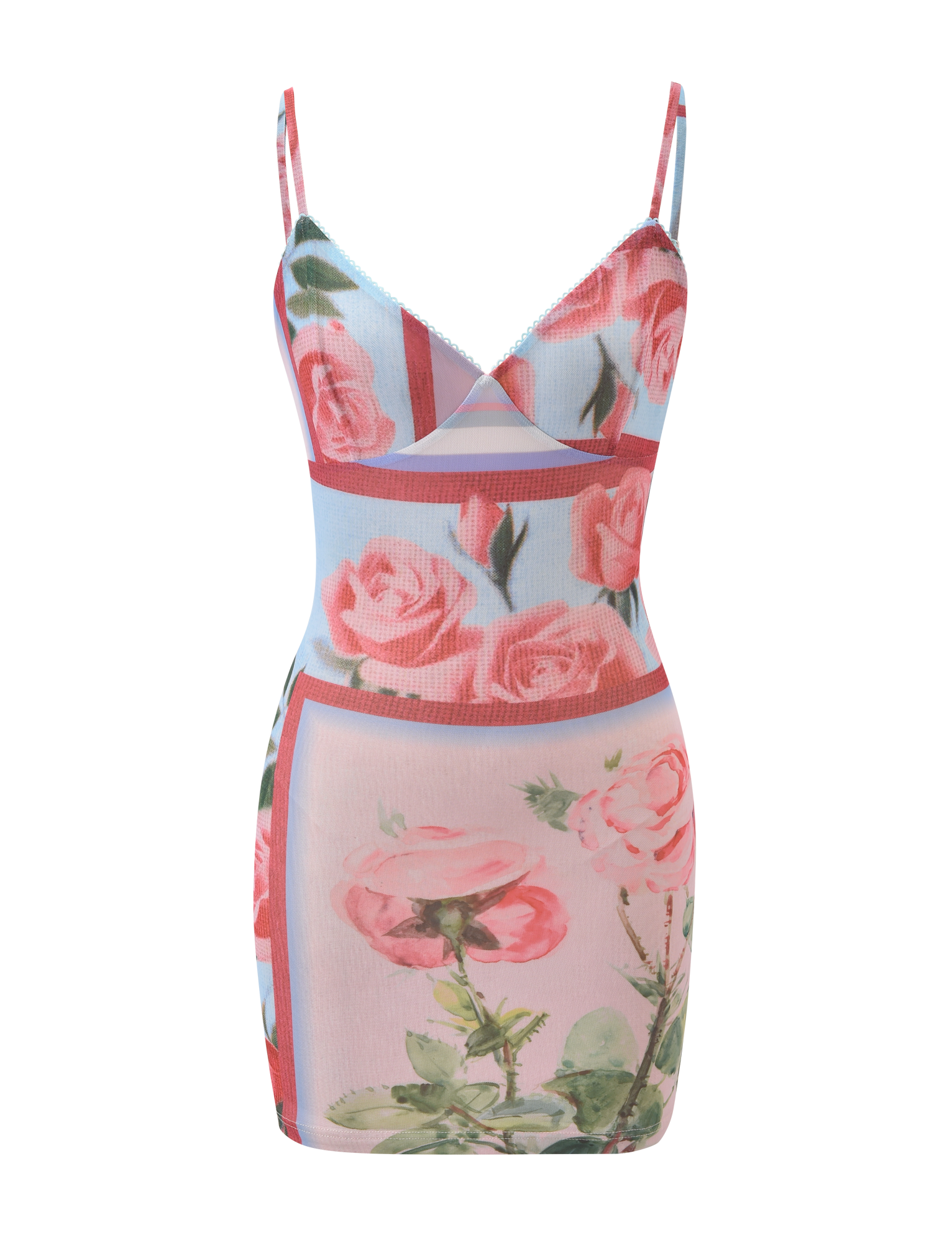 The TIGERMIST JULIANNA MINI DRESS - POSTCARD FLORAL is a sleeveless, fitted mini dress with thin straps, featuring a pink mesh floral print and rectangular color blocks in pink, green, and blue.