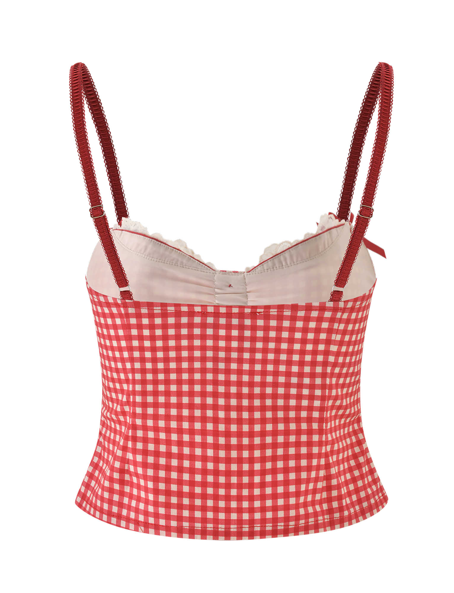 The EMMALINE BUSTIER by TIGERMIST features a red and white gingham pattern, a sweetheart neckline, adjustable straps, and scalloped lace trim along the top edge, shown on a white background.
