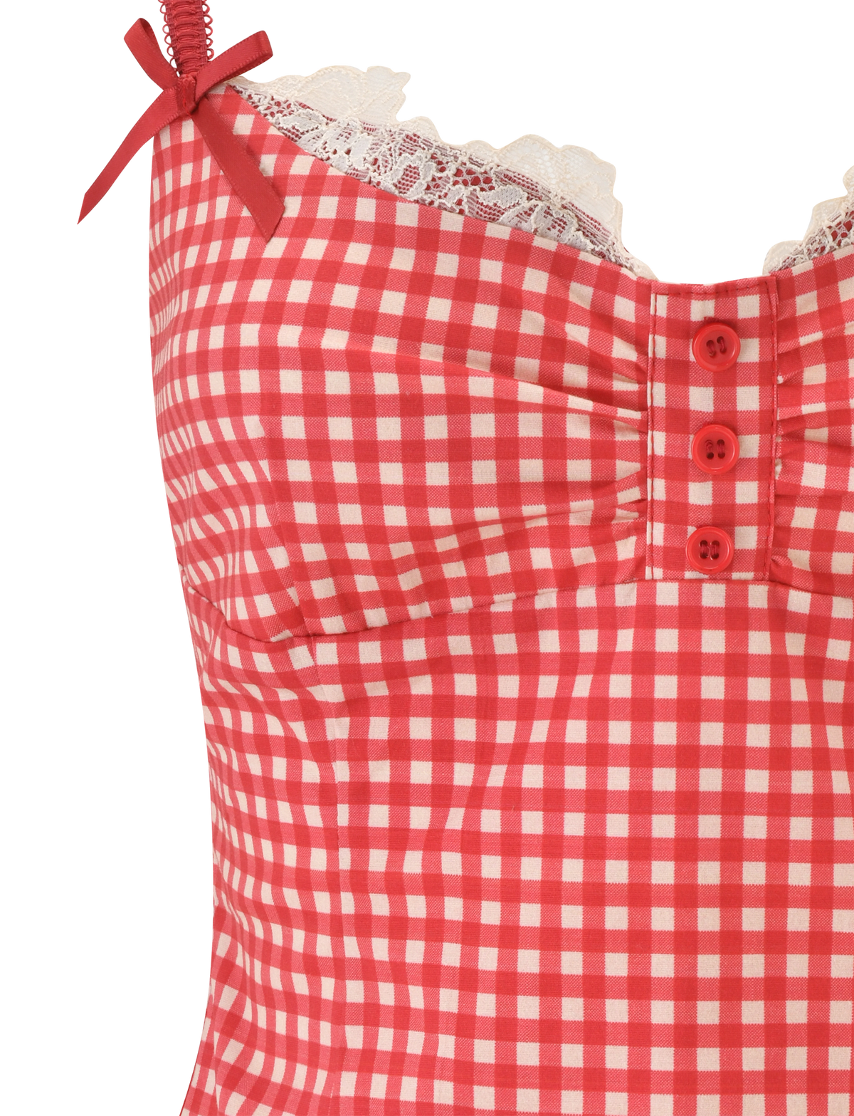 Close-up of the TIGERMIST EMMALINE BUSTIER in red gingham, featuring lace trim along the sweetheart neckline, front red buttons, adjustable shoulder straps, and a small red bow.