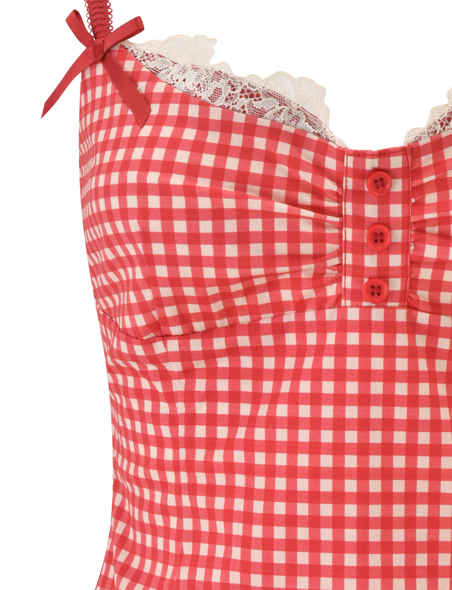 Close-up of the TIGERMIST EMMALINE BUSTIER in red gingham, featuring lace trim along the sweetheart neckline, front red buttons, adjustable shoulder straps, and a small red bow.