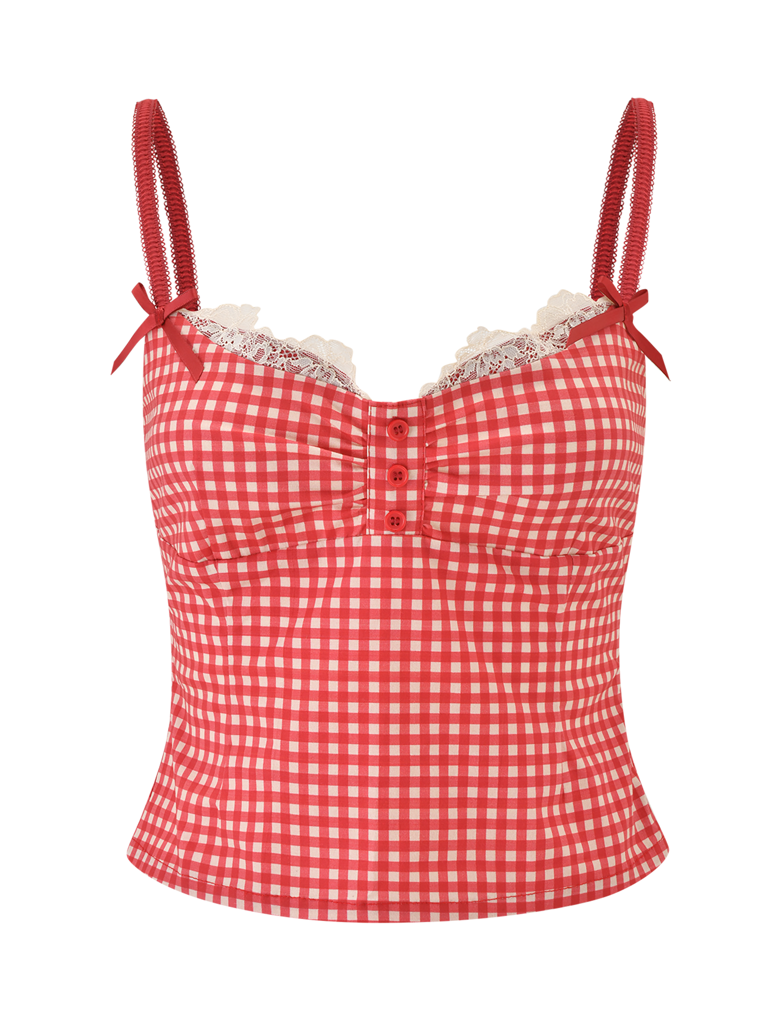 The EMMALINE BUSTIER by TIGERMIST features a red gingham print, thin adjustable straps with small bows, delicate lace trim along the sweetheart neckline, front button detail, and a flattering fitted silhouette.