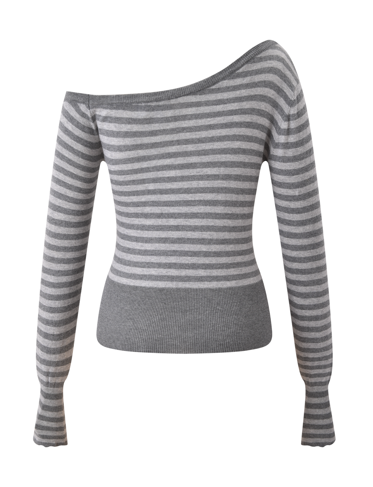 The TIGERMIST TYLA JUMPER - GREY STRIPE is a striped knit sweater with an asymmetrical off-shoulder neckline, fitted waist, and ribbed hem and cuffs for a trendy look.