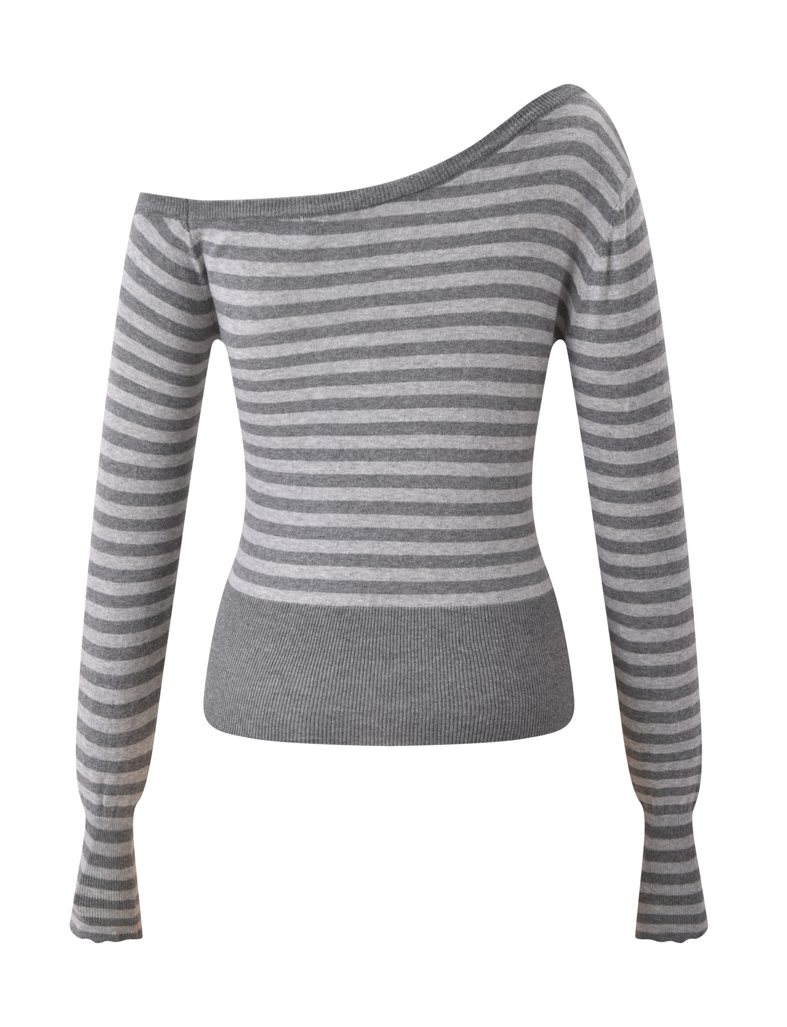 The TIGERMIST TYLA JUMPER - GREY STRIPE is a striped knit sweater with an asymmetrical off-shoulder neckline, fitted waist, and ribbed hem and cuffs for a trendy look.