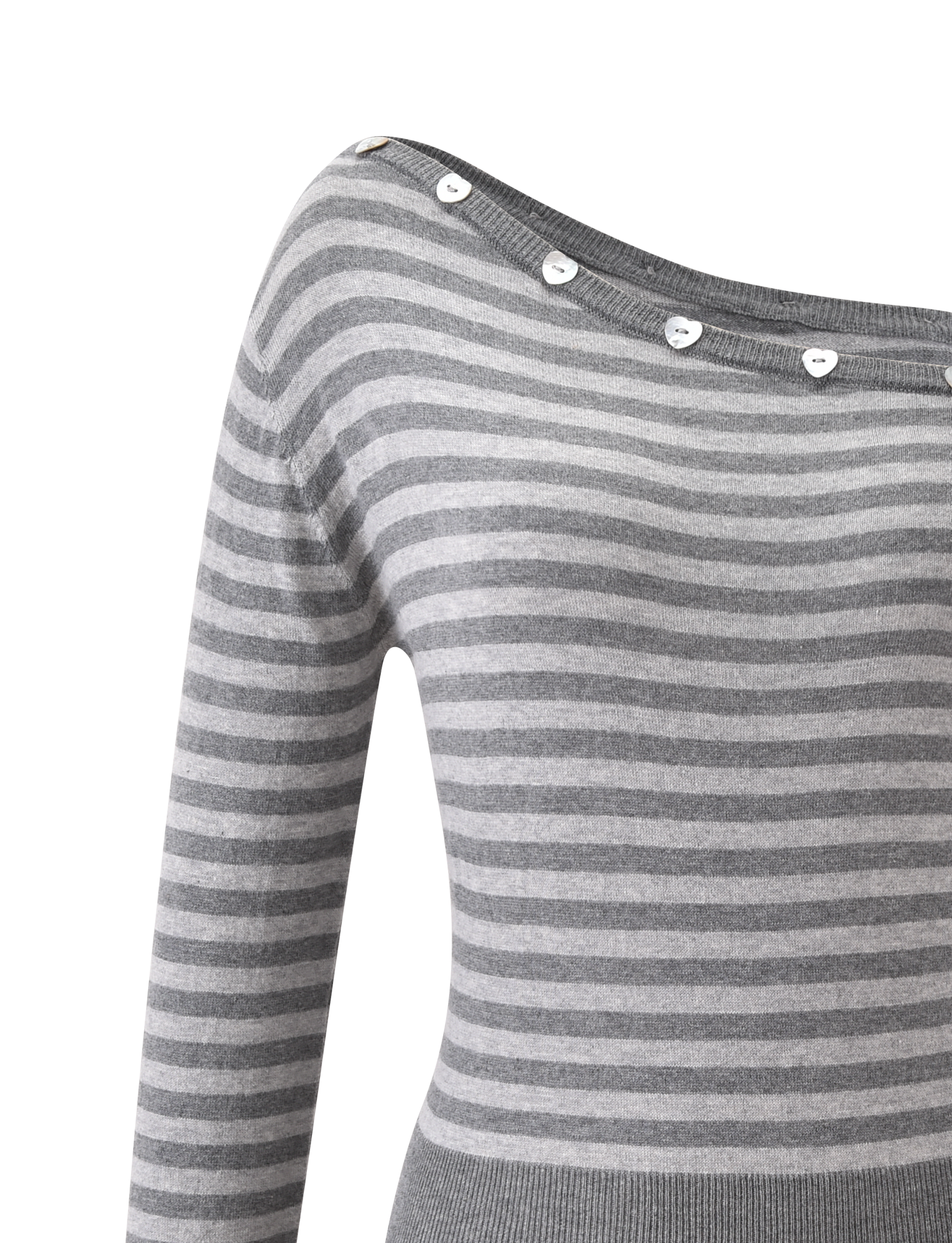 A close-up of the TIGERMIST TYLA JUMPER - GREY STRIPE, featuring gray and light gray stripes, long sleeves, and white buttons accenting its wide, asymmetrical neckline.