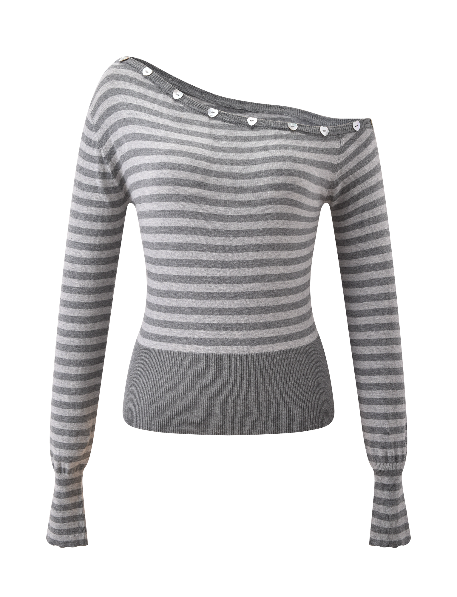 The TYLA JUMPER - GREY STRIPE by TIGERMIST is a gray and light gray striped, off-the-shoulder knit jumper with long sleeves, white decorative buttons on top, and ribbed cuffs and waistband.