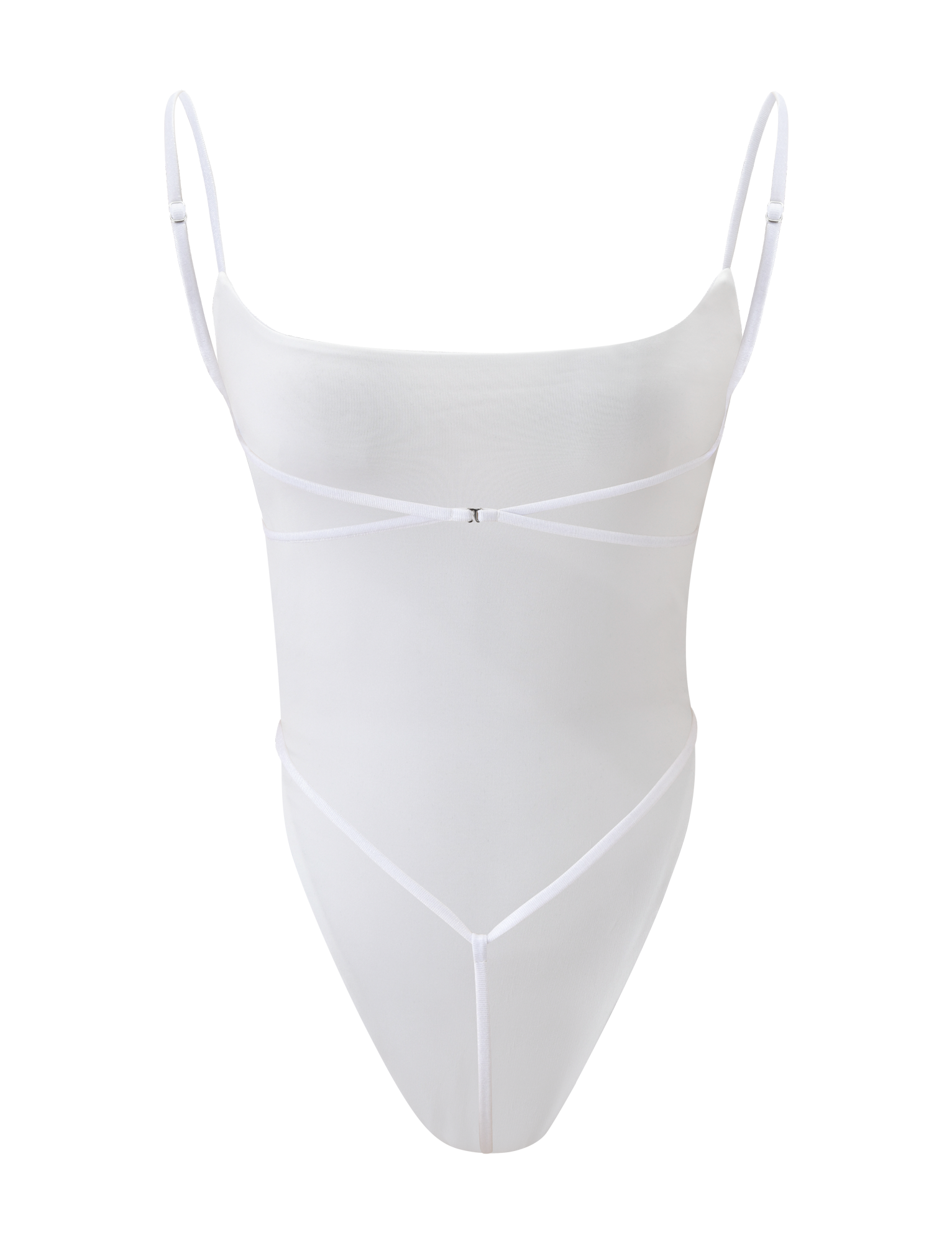 The MINERVA BODYSUIT - PEARL by TIGERMIST features a white, backless design with thin adjustable straps, a straight neckline, and minimal seam details. Shown sleeveless against a plain white background.
