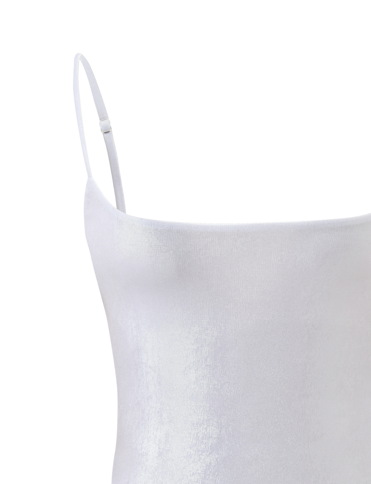Close-up of the MINERVA BODYSUIT - PEARL by TIGERMIST, a minimalist white spaghetti strap bodysuit with a subtle sheen, straight neckline, and simple design set against a plain white background.